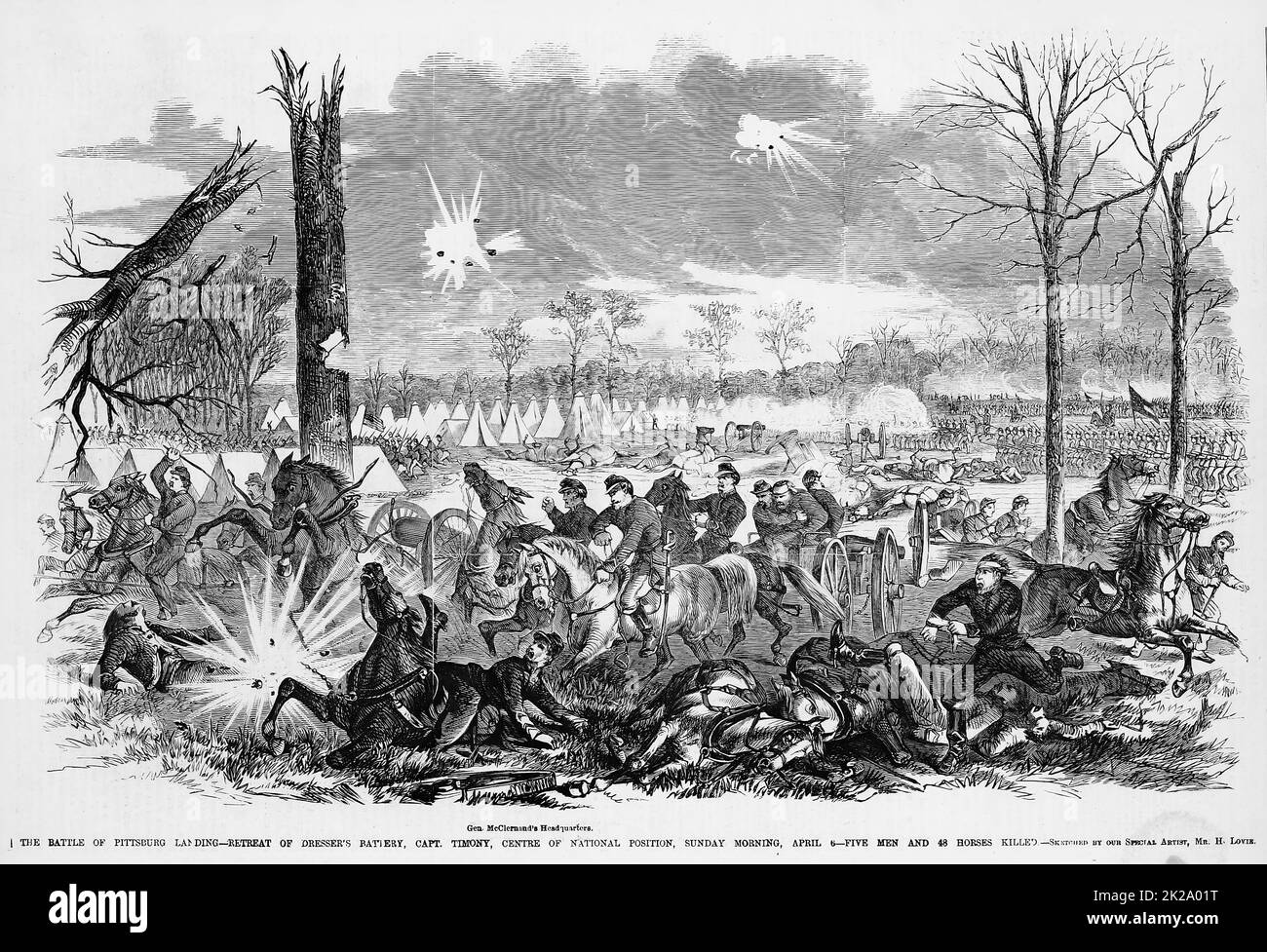 La bataille de Pittsburg Landing - retraite de la batterie de Jasper M. dresser, capitaine Timony, centre de position nationale, 6 avril 1862 - cinq hommes et 48 chevaux ont été tués. Bataille de Shiloh, Tennessee. Illustration de la guerre de Sécession américaine du 19th siècle tirée du journal illustré de Frank Leslie Banque D'Images