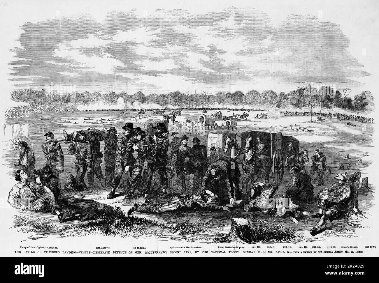 La bataille de Pittsburg Landing - Centre - Défense désespérée de la deuxième ligne du général John Alexander McClernand, par les troupes nationales, 6 avril 1862. Bataille de Shiloh, Tennessee. Illustration de la guerre de Sécession américaine du 19th siècle tirée du journal illustré de Frank Leslie Banque D'Images