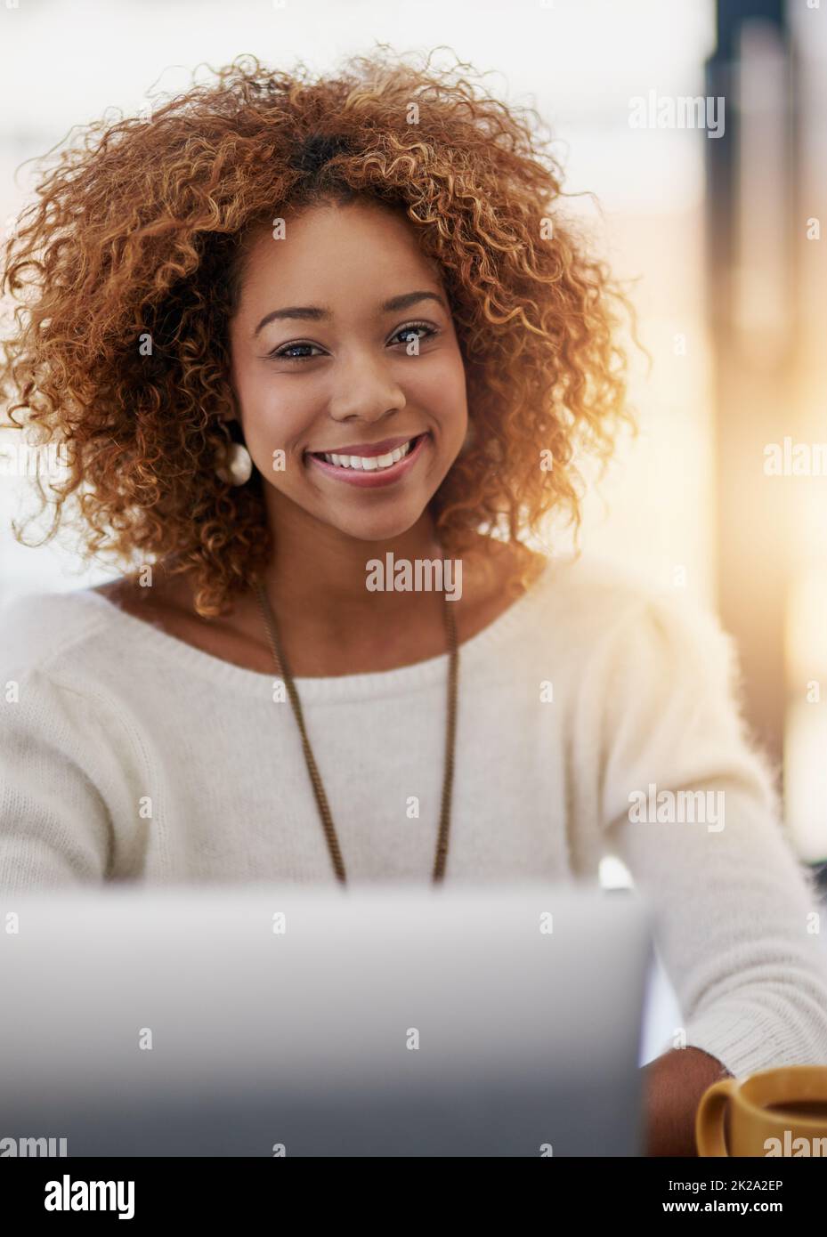 Ma carrière est ma bonheur. Portrait d'une jeune femme d'affaires assise à son ordinateur portable dans un bureau. Banque D'Images