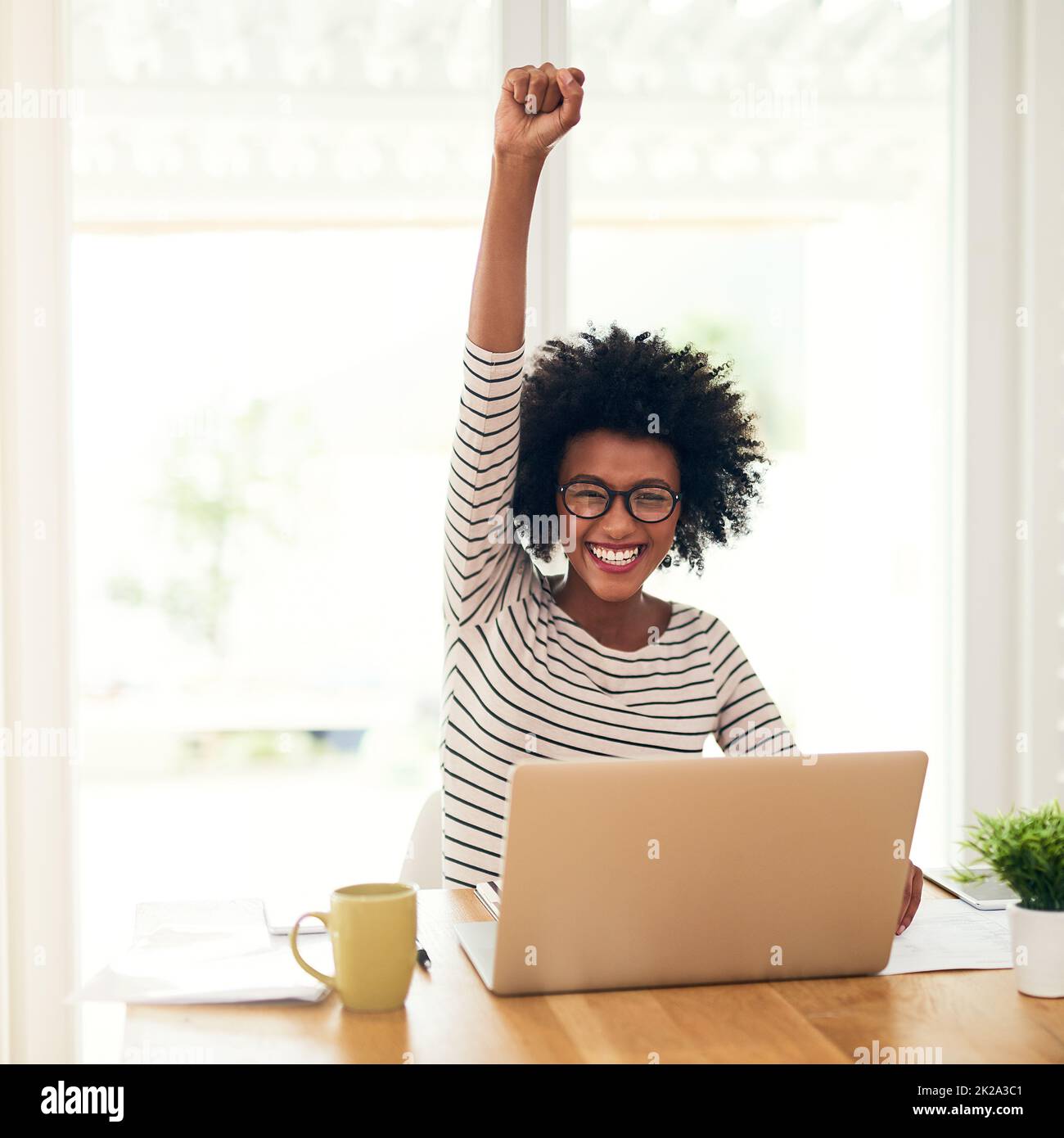 Le succès est celui de la prise. Portrait d'une jeune femme qui fait une pompe de poing tout en travaillant sur son ordinateur portable à la maison. Banque D'Images