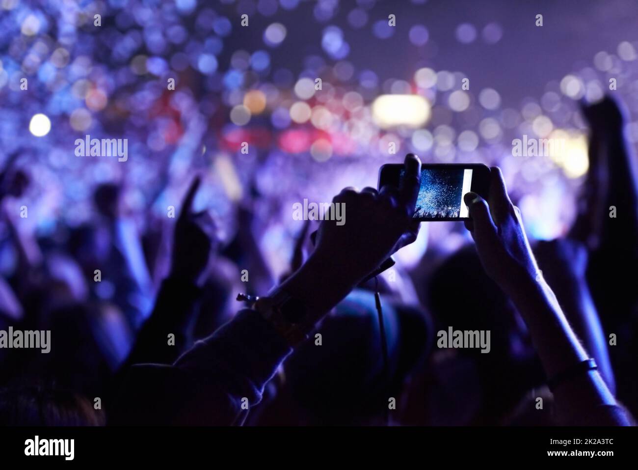 N'oubliez jamais ce moment. Un membre du public qui prend une photo de la foule lors d'un festival de musique. Banque D'Images