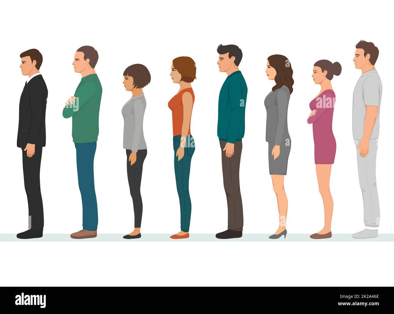 Hommes et femmes d'affaires attendant en ligne, hommes et femmes personnes en face debout vue vectorielle Illustration Banque D'Images