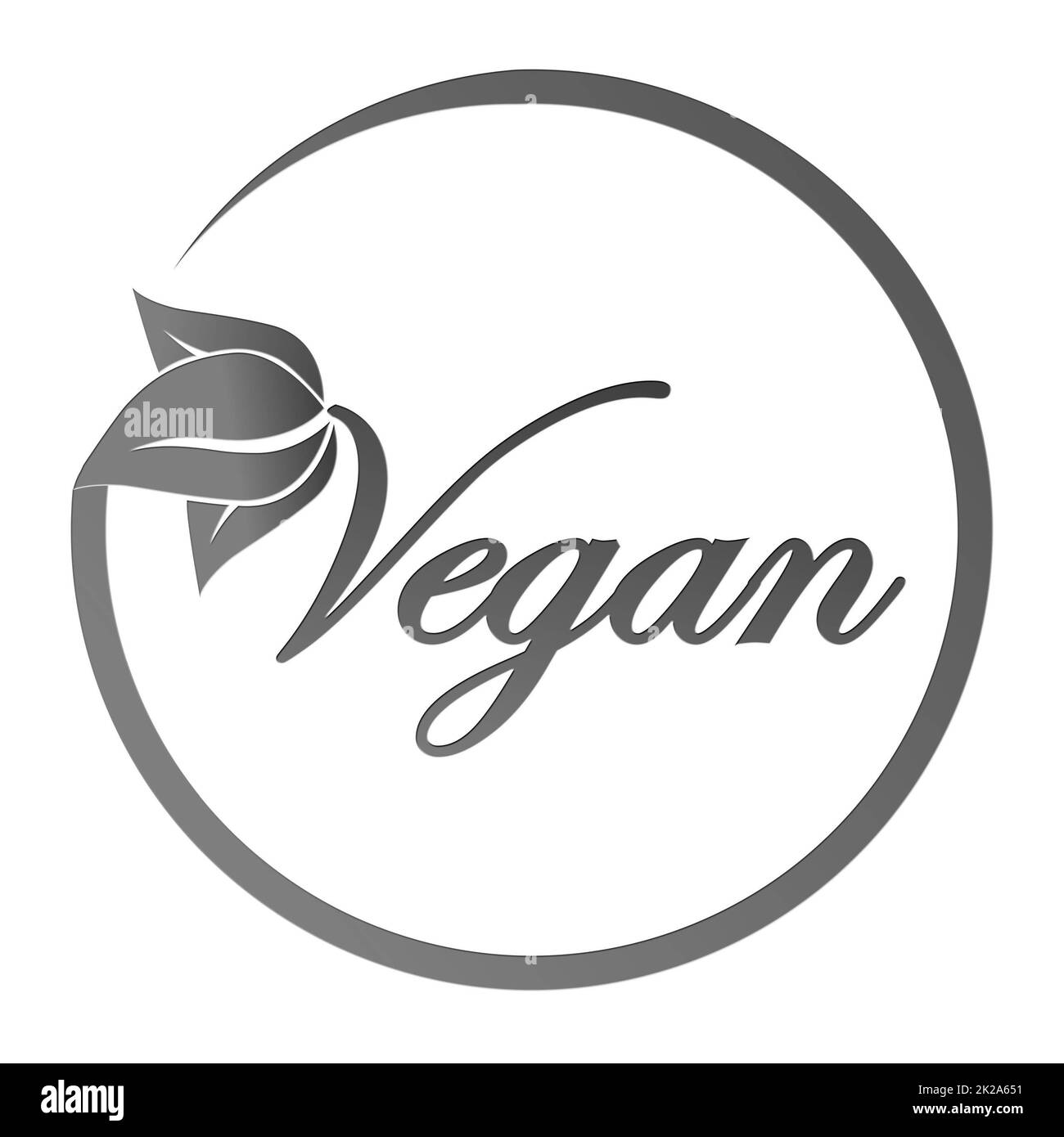 Texte logo Vegan concept - Vegan Food Diet Icon - lettrage gris dans le style tendance avec des éléments de plante de feuille et de cadre - isolé sur fond blanc Banque D'Images