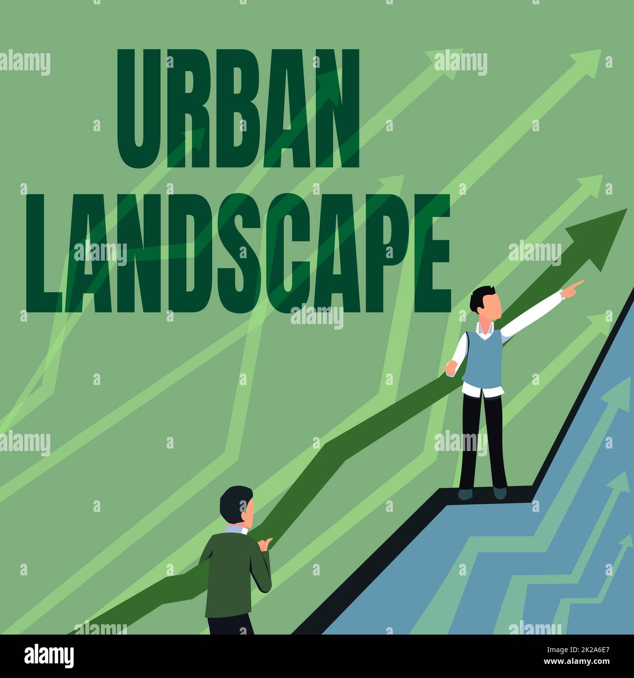 Affiche présentant un paysage urbain. Des images d'idées d'affaires qui capturent des scènes dans une ville qui peuvent être de grandes flèches guident deux hommes d'affaires collaborateurs vers un meilleur plan financier. Banque D'Images