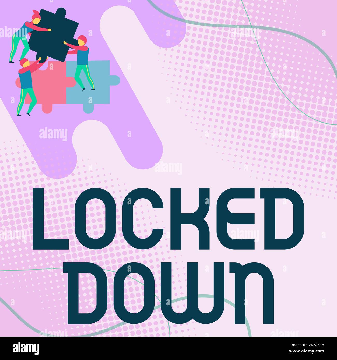 Affiche manuscrite verrouillée. Concept signifiant mesure d'urgence qui montre empêché de zone restreinte équipe tenant des pièces Jigsaw aidant les autres à résoudre le problème. Banque D'Images