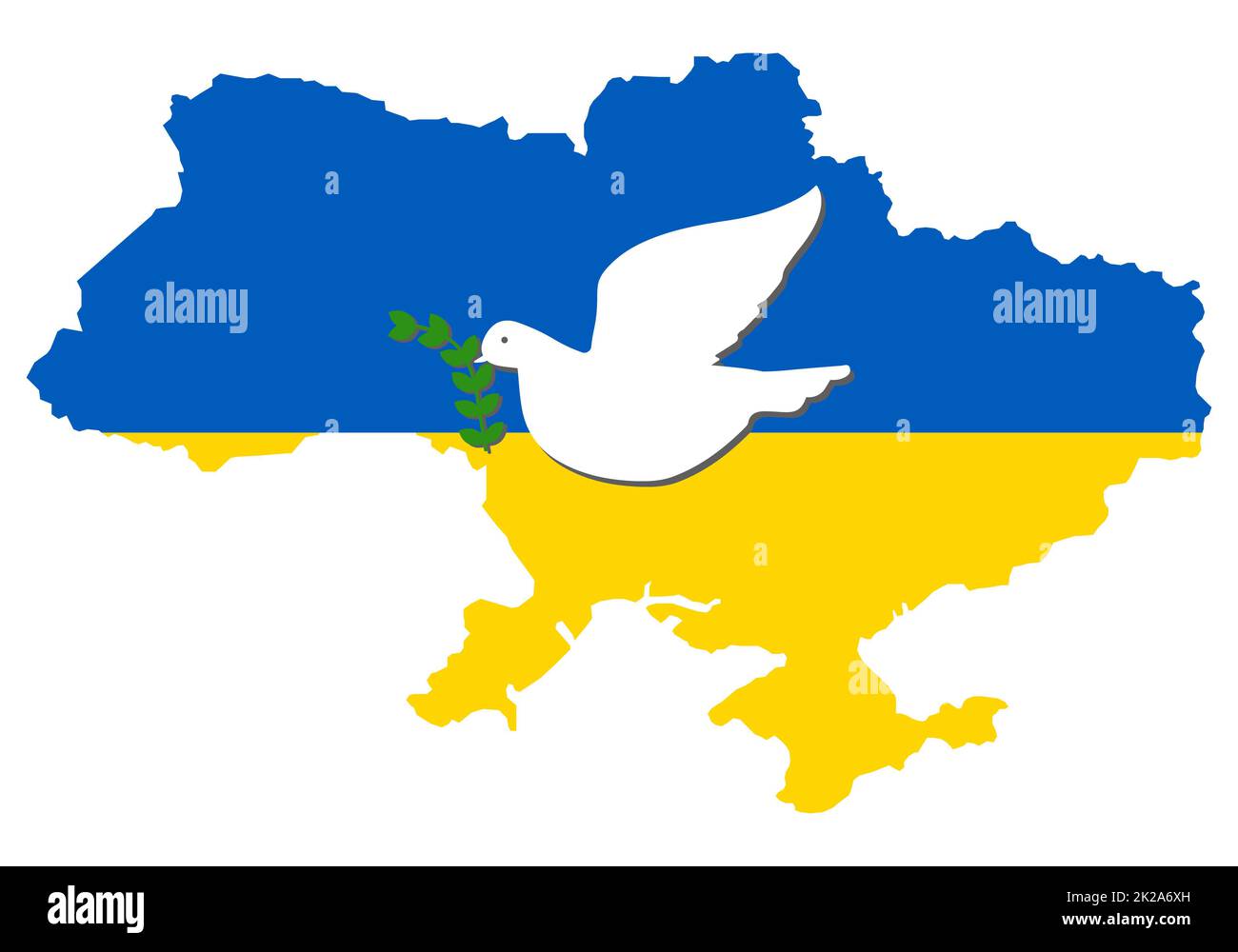 La carte de l'Ukraine est colorée dans les couleurs du drapeau national et d'une colombe survolant le pays avec une branche d'olivier de la paix. Arrêter le concept de vecteur de guerre mondiale. Paix pour le peuple ukrainien Banque D'Images