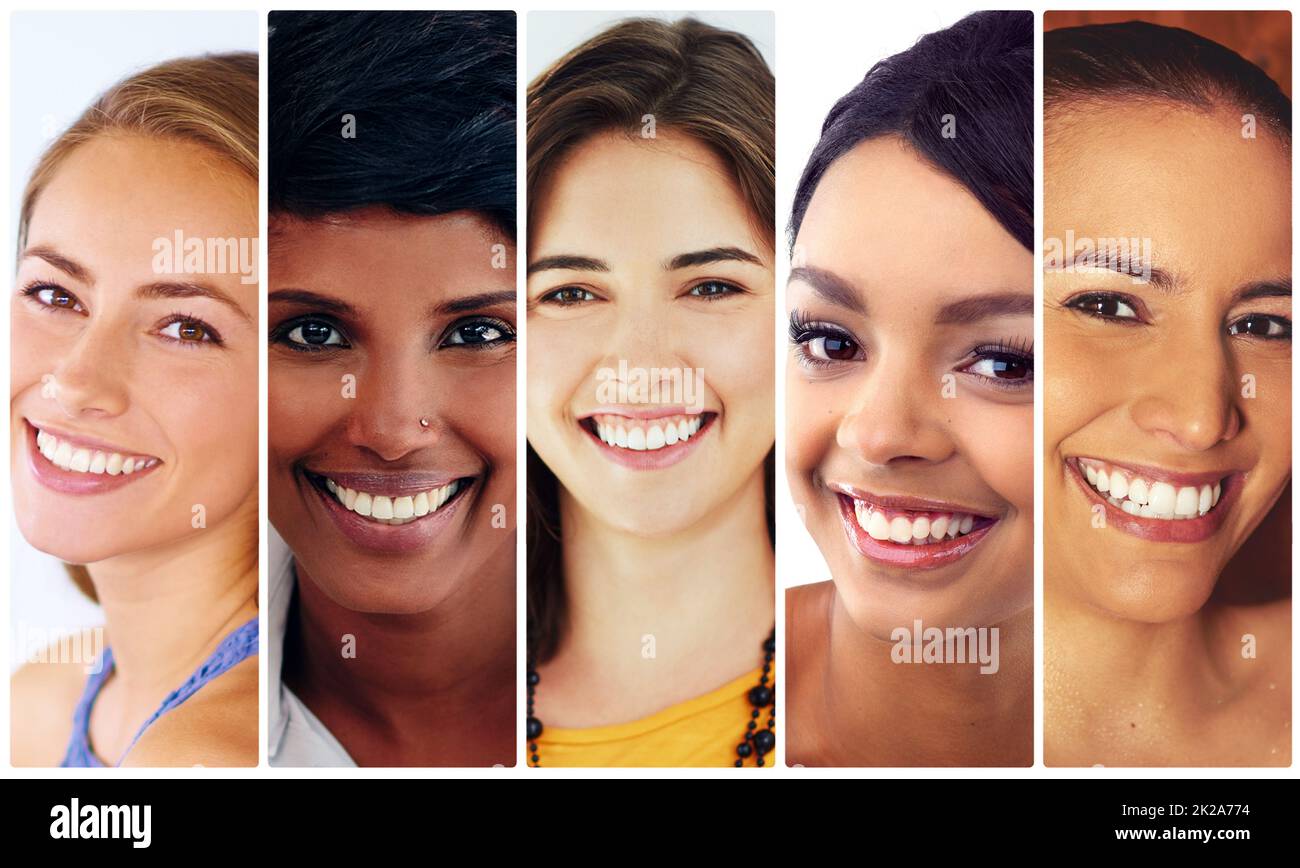 Sourires et beauté. Image composite d'un groupe diversifié de jeunes femmes attrayantes. Banque D'Images