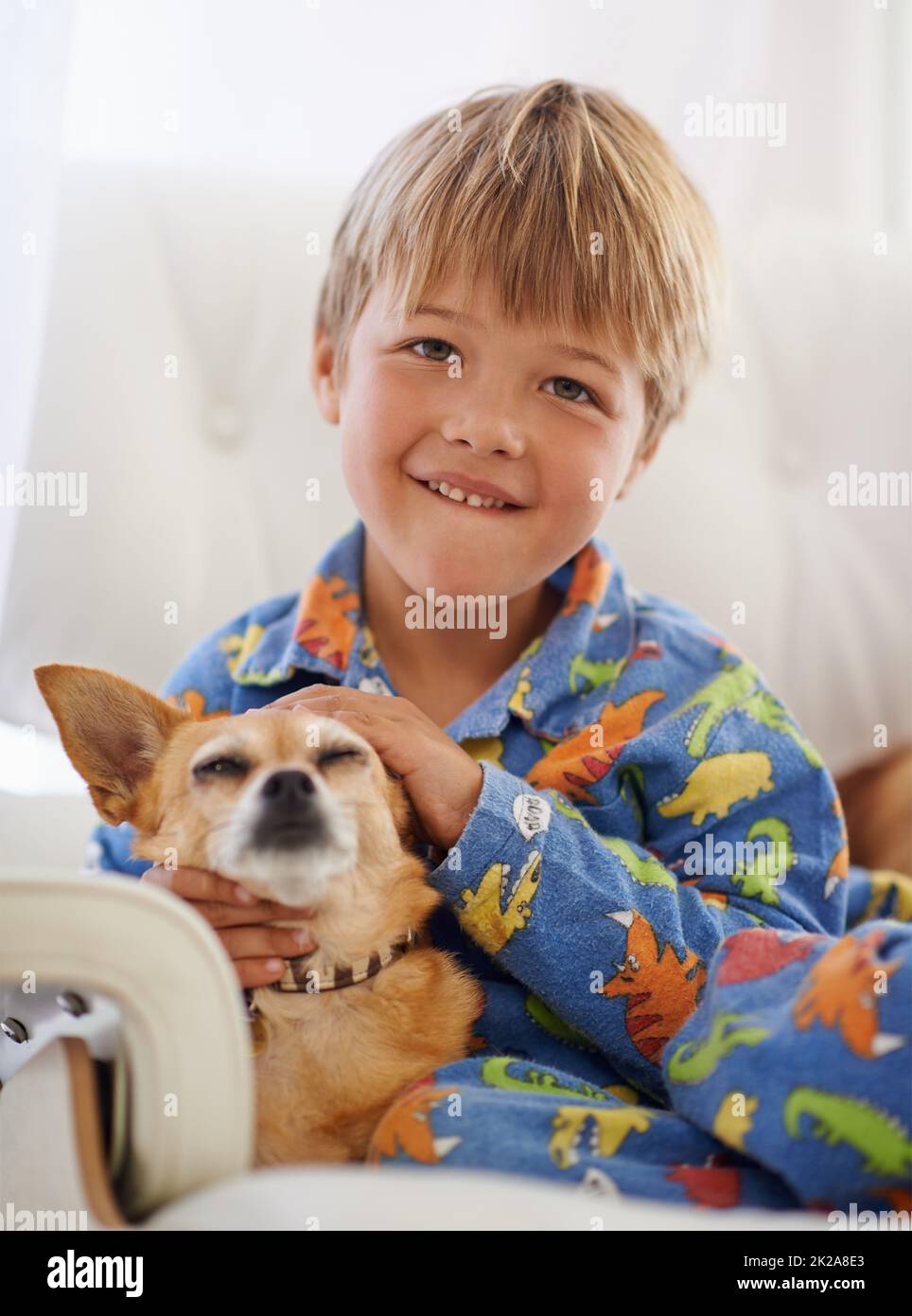 Ronflant son vieil ami. Un adorable petit garçon qui câlin son chien sur le canapé. Banque D'Images