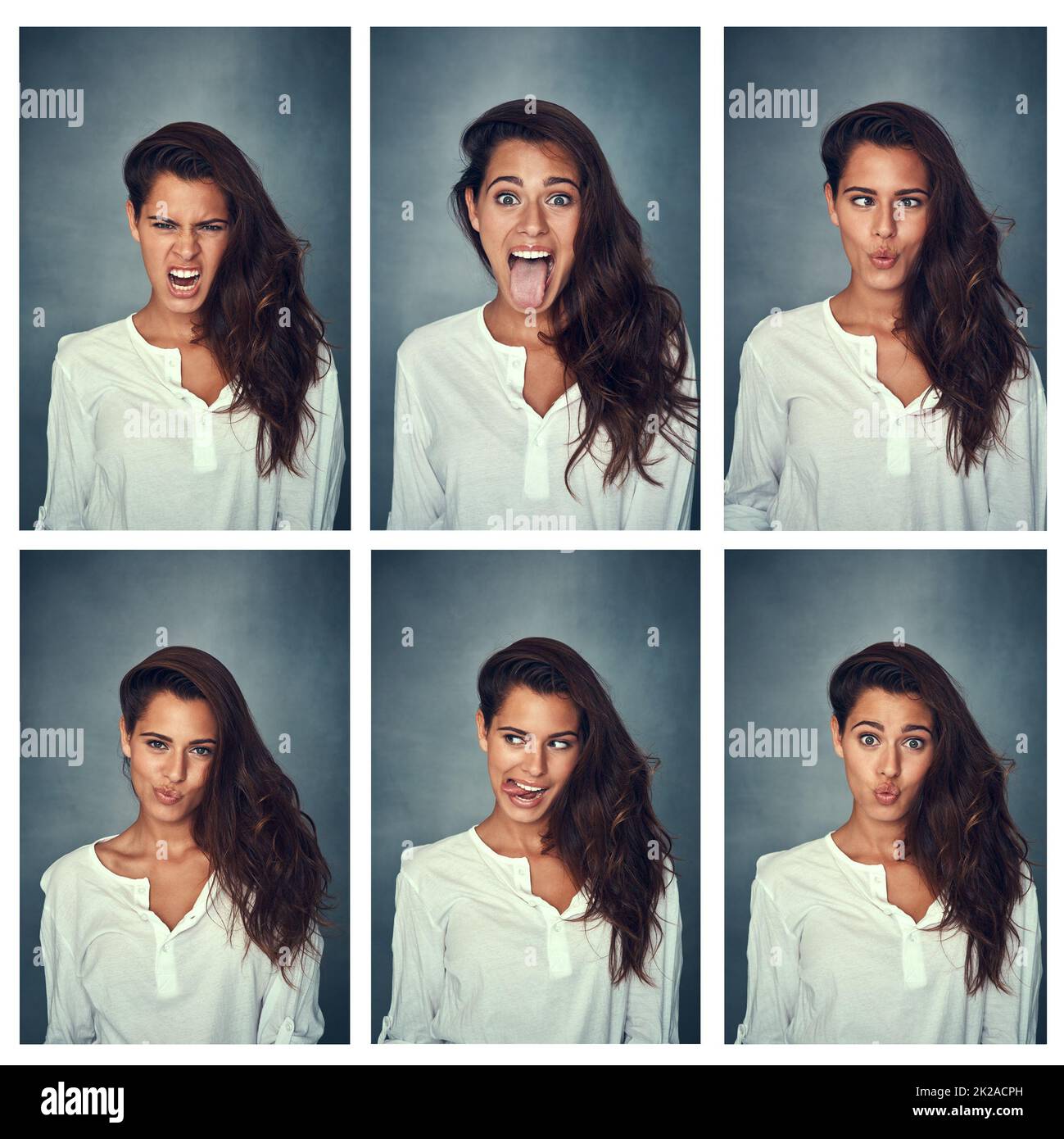 Vivre la vie du côté stupide. Photo composite d'une jeune femme heureuse tirant des visages drôles sur fond gris dans le studio. Banque D'Images