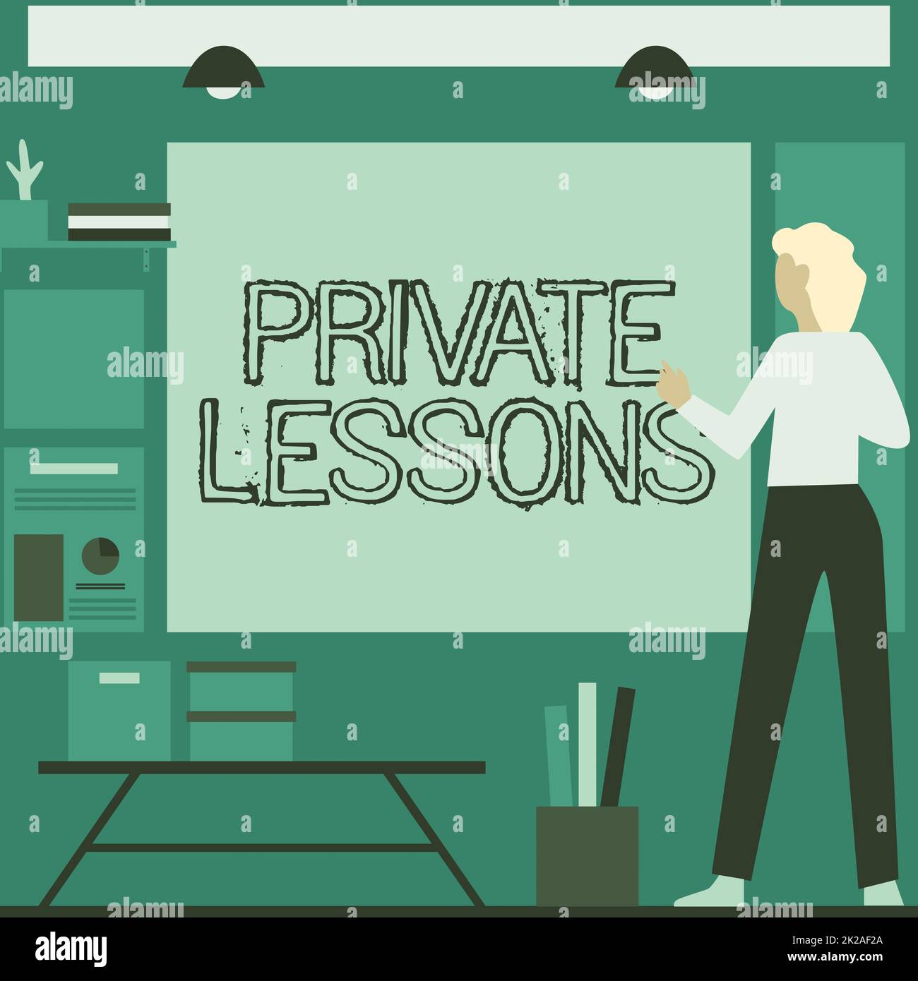 Leçons privées d'écriture manuscrite. Concept signifiant l'enseignement qui est généralement payé en privé par de petits groupes Businesswoman décontracté debout présentant des graphiques et de nouvelles idées merveilleuses. Banque D'Images