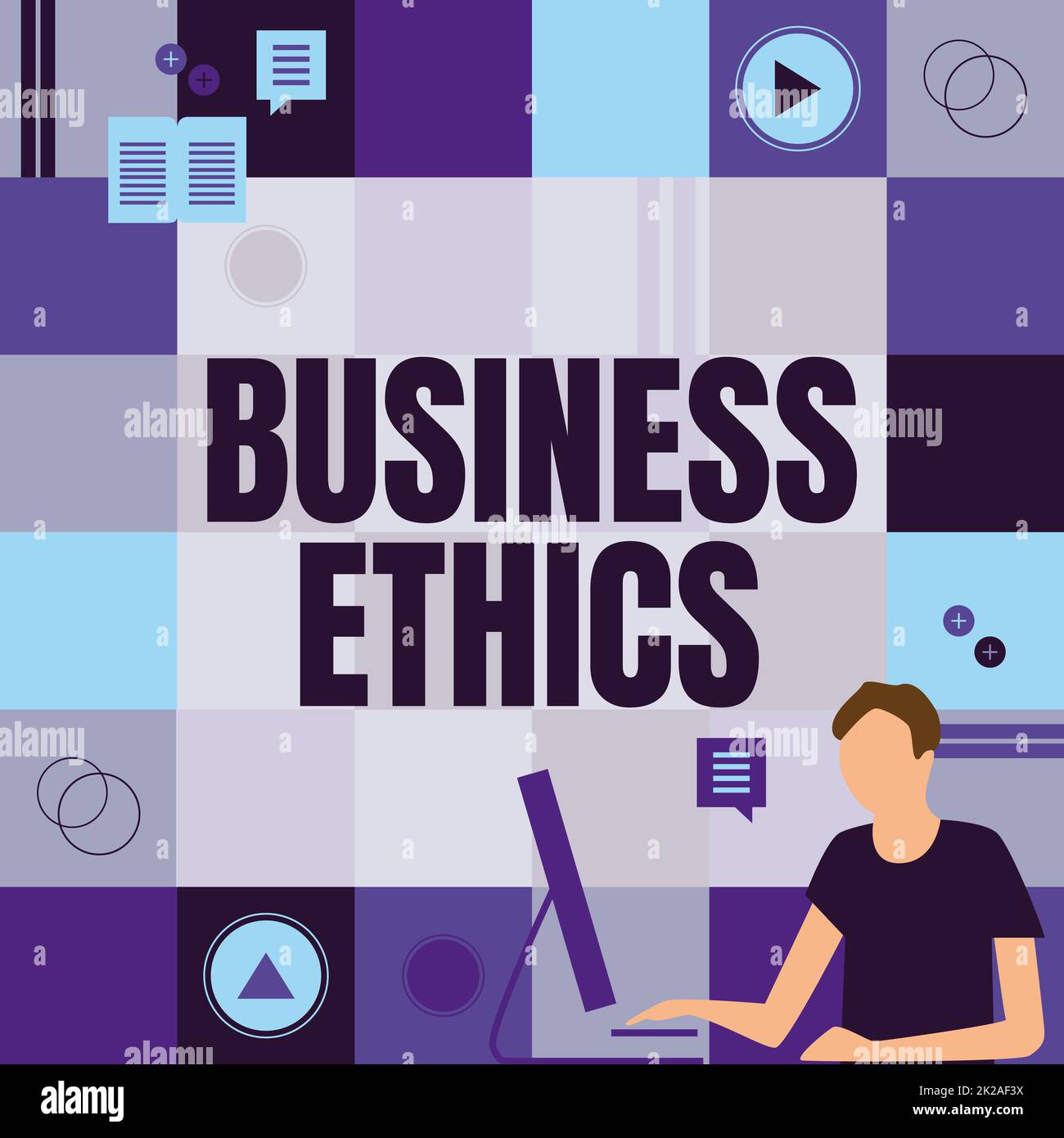 Écriture de texte éthique professionnelle. Les entreprises mettent en avant des principes moraux qui guident la façon dont une entreprise se comporte un homme d'affaires en pensant à l'innovation et en dirigeant des idées vers un avenir stable. Banque D'Images