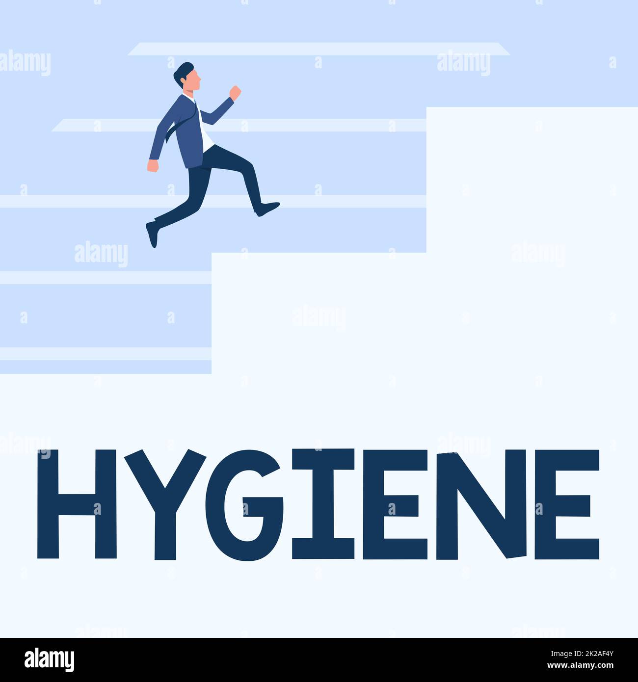 Légende de texte présentant l'hygiène. Internet concept étude de la science de l'établissement et de l'entretien de santé gentleman en costume courir vers le haut sur Un grand escalier montrant des progrès. Banque D'Images