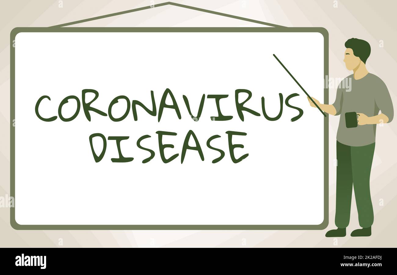 Texte d'écriture maladie du coronavirus. Vitrine d'affaires définie comme la maladie causée par un nouveau virus SARSCoV2 instructeur d'école dessin montrant bâton blanc pendant la tenue de la coupe. Banque D'Images