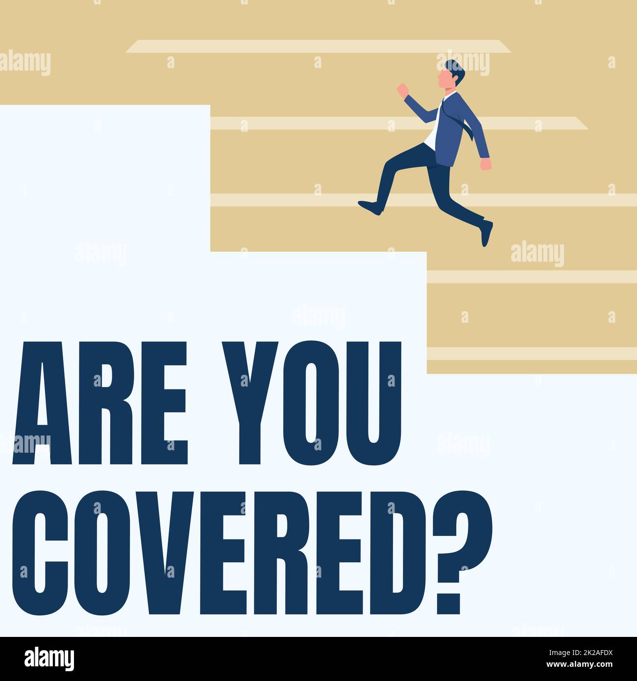 Présentation de la légende de texte question secrète. Concept c'est-à-dire demander à quelqu'un s'il a eu un homme d'assurance de vie ou de propriété en costume courir vers le haut sur Un grand escalier montrant des progrès. Banque D'Images