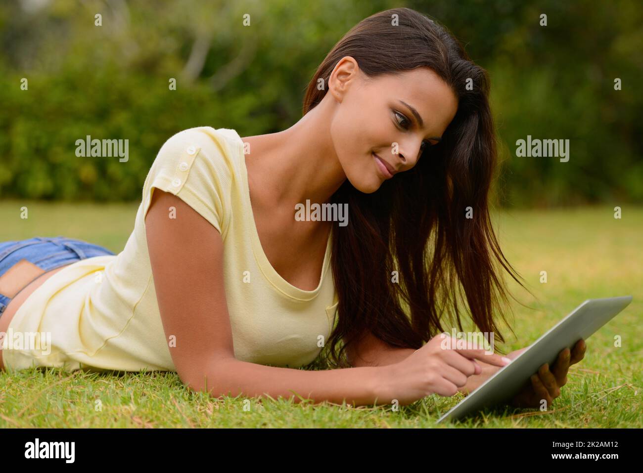 Connexion confortable. Une jeune femme travaillant sur un pavé tactile en étant couché sur l'herbe. Banque D'Images