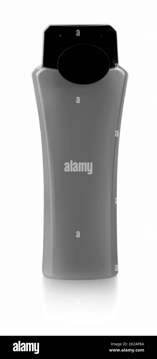 flacon en plastique noir avec gel douche sur fond blanc Banque D'Images