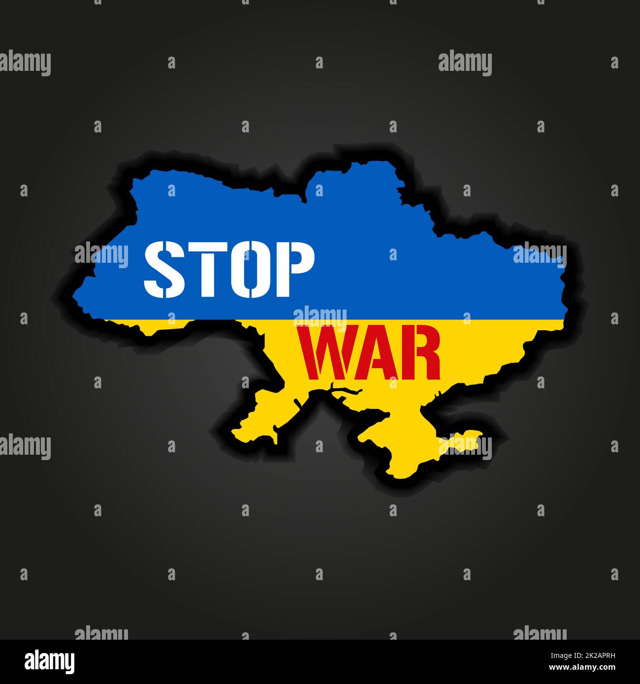 Concept d'arrêt de guerre avec signe d'interdiction sur la carte de l'Ukraine arrière-plan de la carte de l'Ukraine peinte dans les couleurs du drapeau national. Affiche pas de guerre et d'attaque militaire en Ukraine. Illustration vectorielle. Banque D'Images