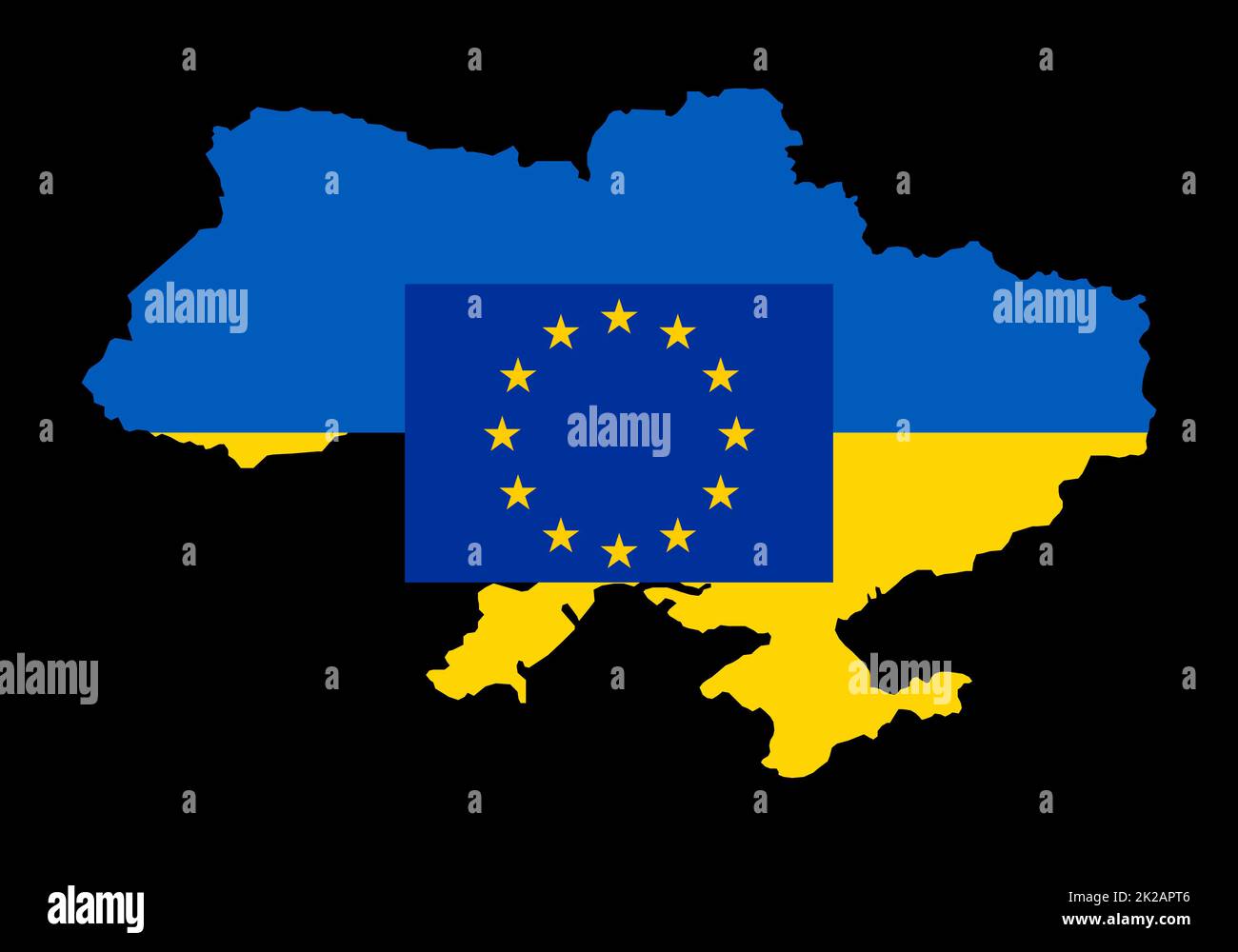 Drapeau bleu de l'Union européenne avec des étoiles jaunes et carte de l'Ukraine en couleur de drapeau national. L'Union européenne accepte la demande d'adhésion de l'Ukraine, procédure d'admission spéciale lancée. Priez pour l'Ukraine. Banque D'Images