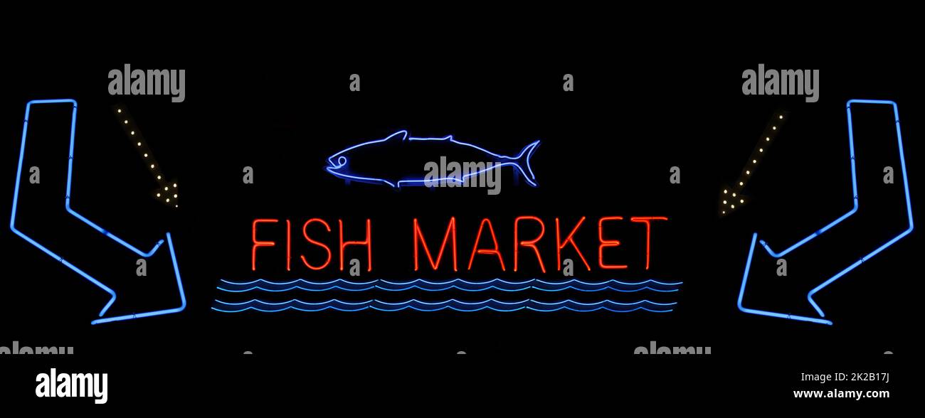 Old Neon Fish Market Sign composite photo Banque D'Images