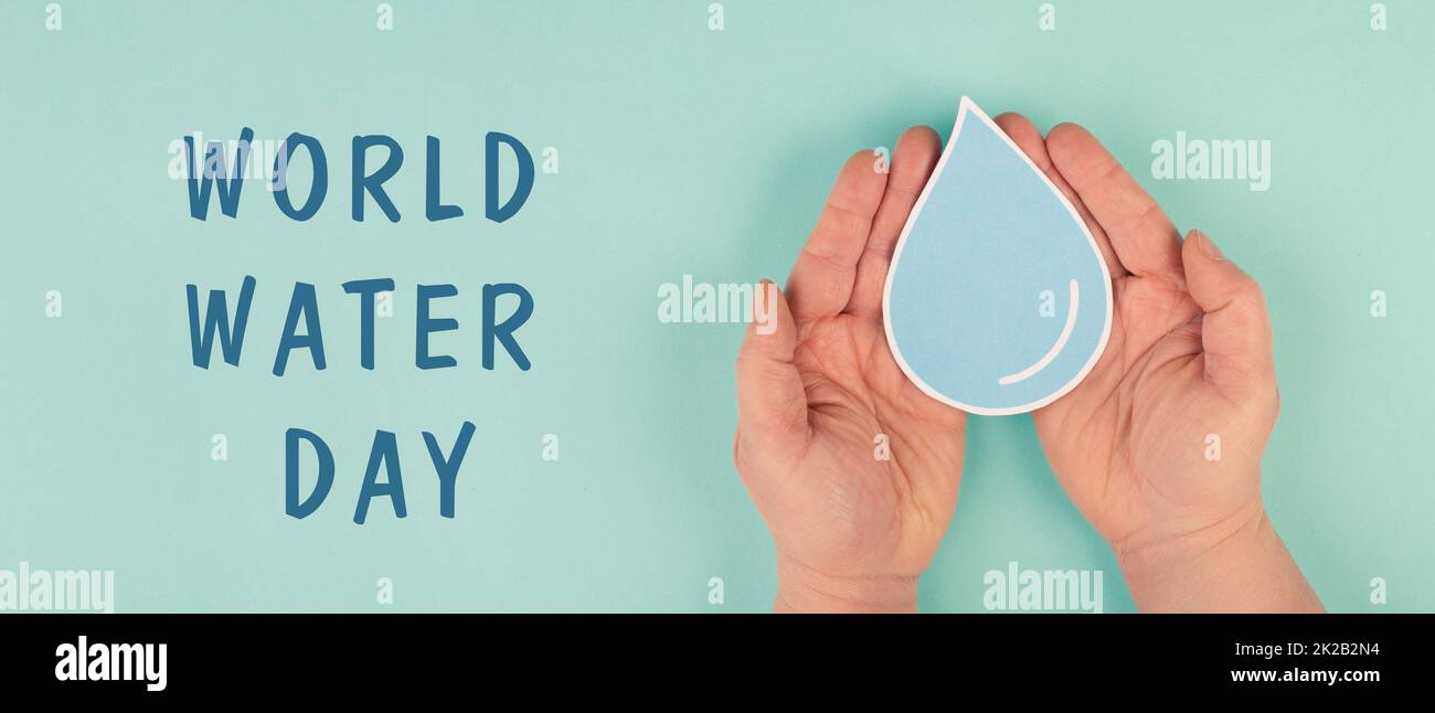 Journée mondiale de l'eau, mains tenant une goutte d'eau, feuille de papier, problème environnemental Banque D'Images