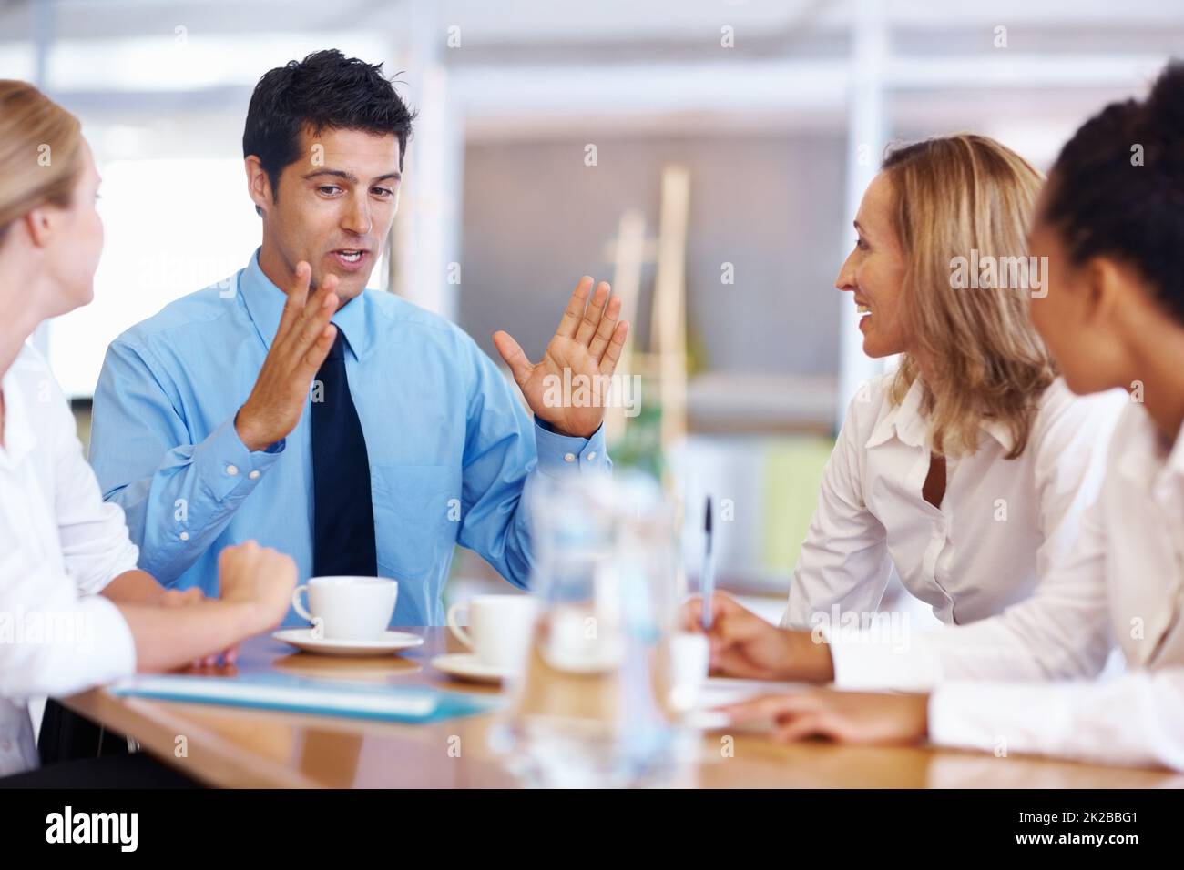 Homme d'affaires exprimant son point de vue lors d'une réunion. Portrait d'un jeune homme d'affaires exprimant son point de vue aux cadres féminins pendant la réunion. Banque D'Images