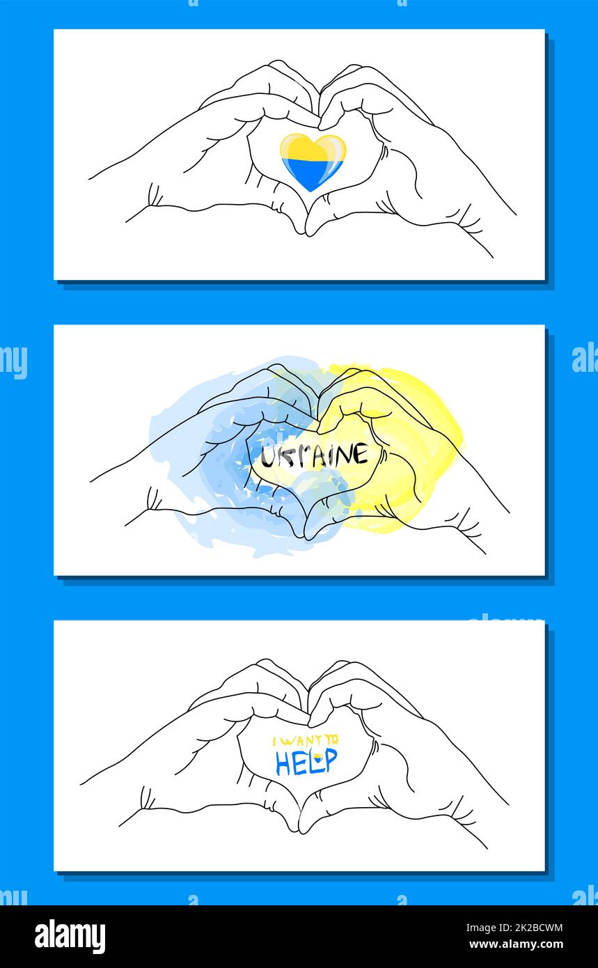 Séjournez en Ukraine. Autocollants vectoriels en soutien à l'Ukraine. Coeur jaune-bleu, imprimé t-shirt. Le concept d'arrêter la guerre. Banque D'Images
