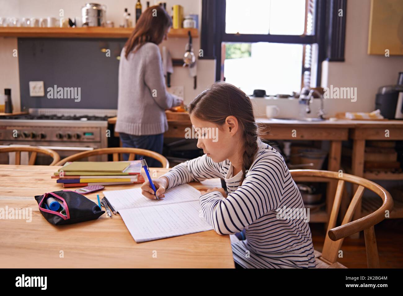 Haut de sa classe... Une jeune fille occupée faisant ses devoirs à la table de cuisine Banque D'Images