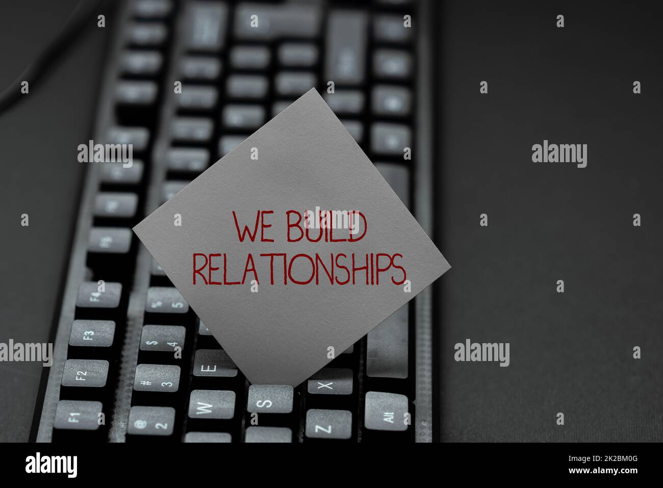 Affiche textuelle montrant que nous établissons des relations. Approche commerciale nous établissons des relations convertir des notes écrites en données numériques, en tapant des fichiers de codage importants Banque D'Images