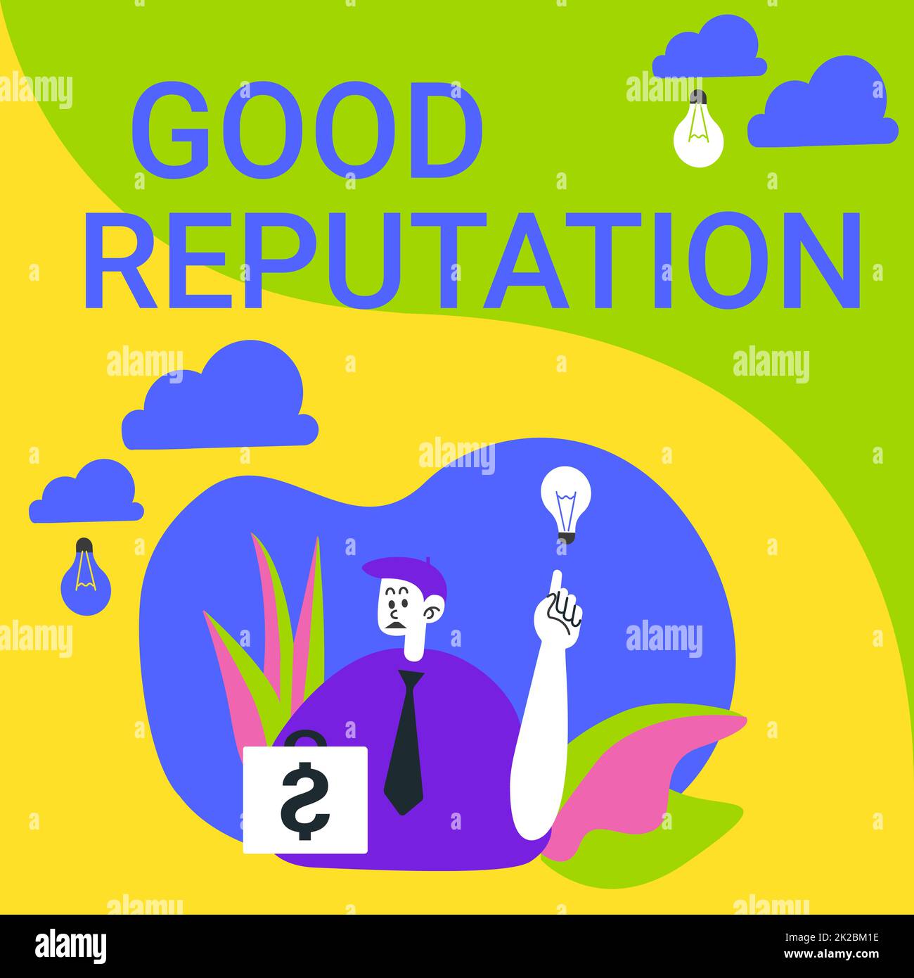 Affiche affichant une bonne réputation. Internet concept client pose sa confiance et la fidélité dans la marque Homme assis à Park Blowing Balloons penser à de nouvelles pensées avec Idea Lamp. Banque D'Images