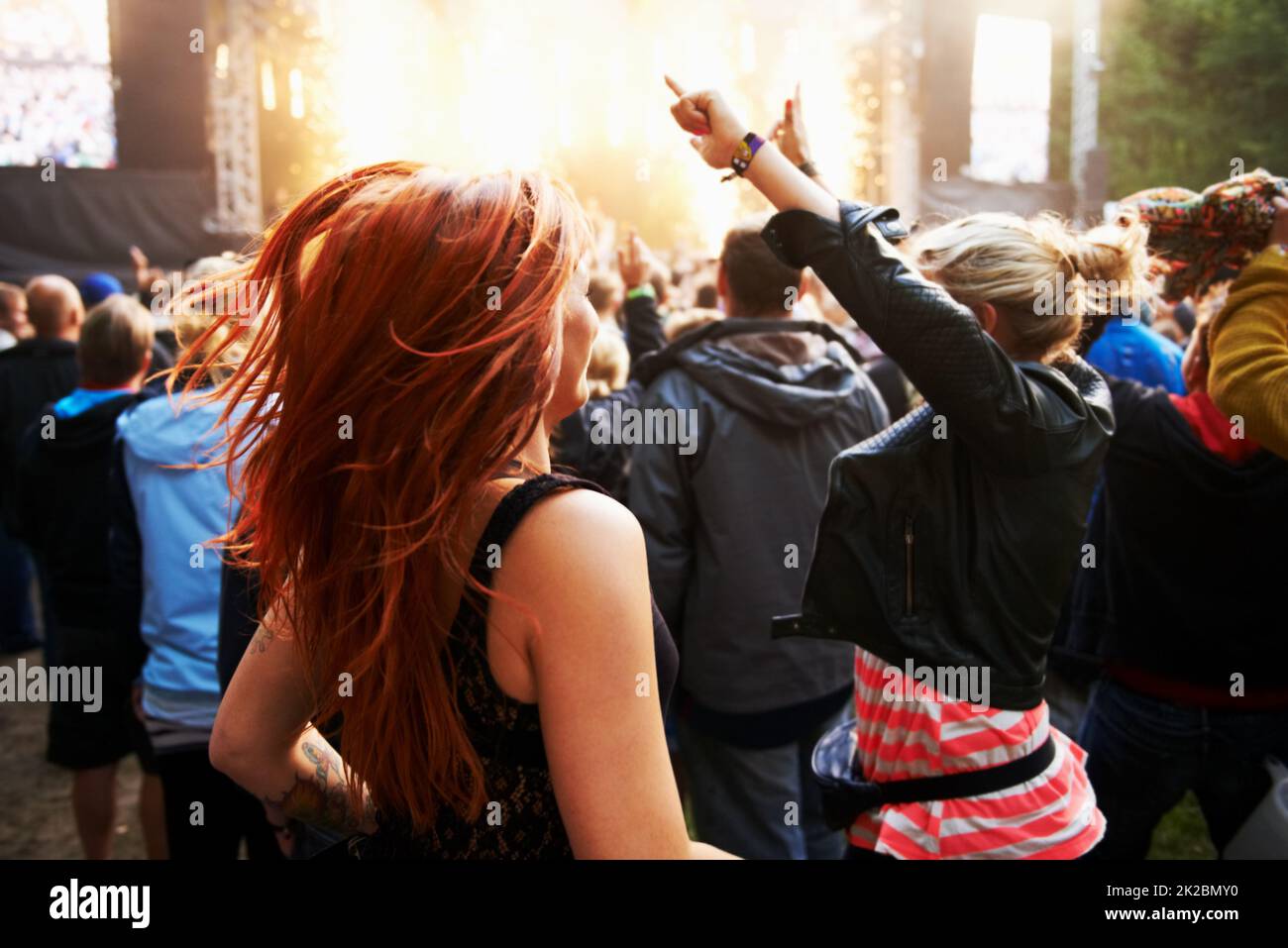 Entrer dans le spectacle. Photo d'une foule de jeunes qui s'amusent à un festival de musique en plein air. Banque D'Images