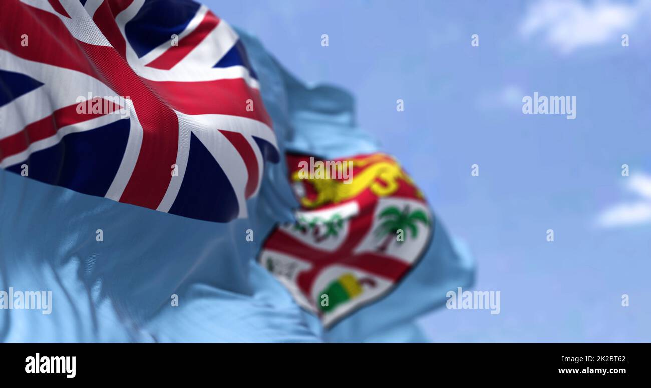 Détail du drapeau national des Fidji qui agite dans le vent par temps clair Banque D'Images
