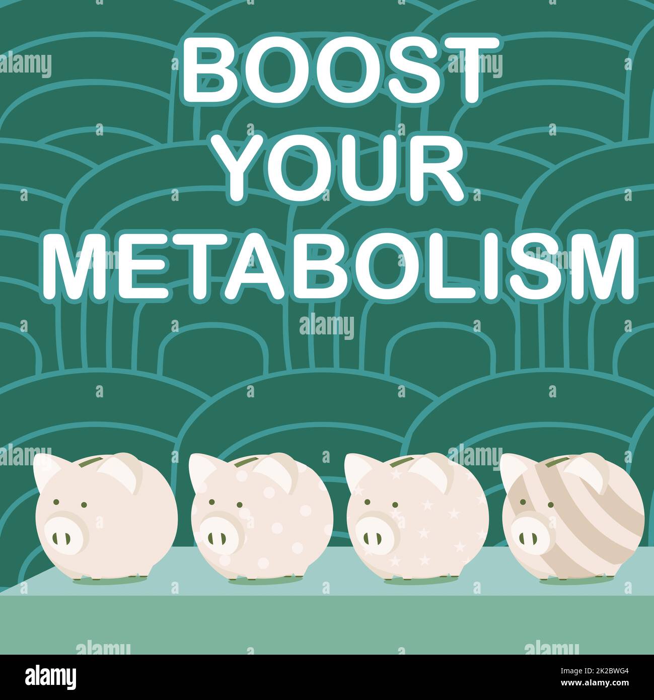 Inspiration montrant le signe Boost Your Metabolism. Aperçu de l'entreprise accroître l'efficacité de la combustion des graisses corporelles plusieurs Banque de Piggy dessin sur la table avec arrière-plan rayé. Banque D'Images