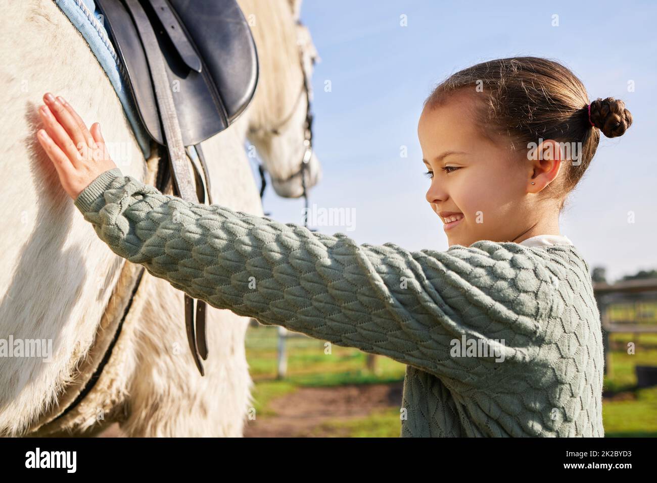 Une jeune rider et son cheval. Coupe courte d'une adorable jeune fille qui pille son cheval à l'extérieur sur le ranch. Banque D'Images