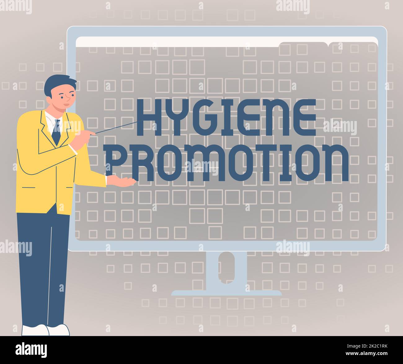 Promotion de l'hygiène du texte manuscrite. Programme conceptuel de photo systématique pour prévenir les maladies liées à l'assainissement homme d'affaires debout présentant des graphiques merveilleuses idées sur l'écran d'ordinateur Banque D'Images