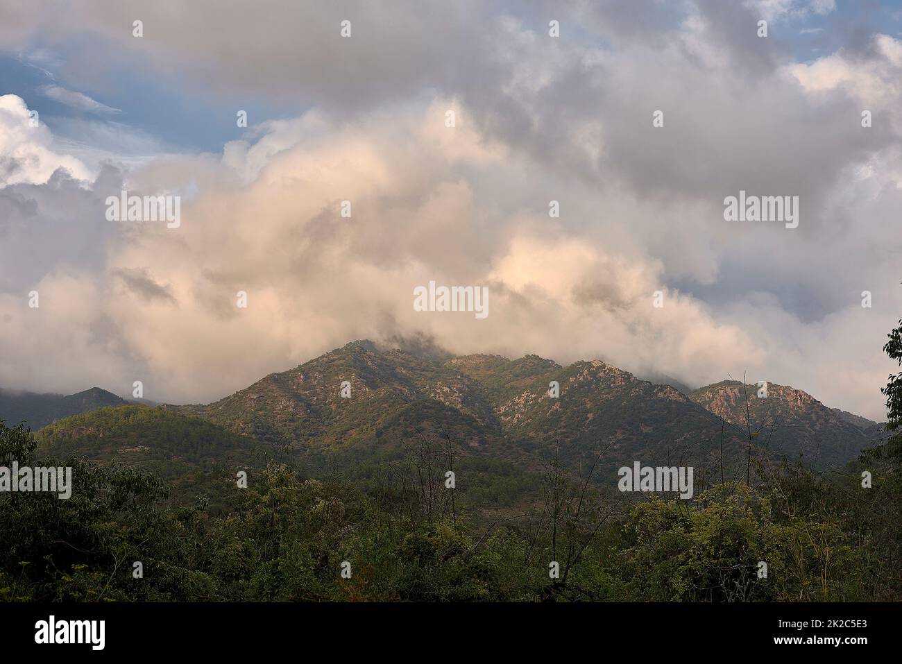 Paysage de montagne entouré de nuages et de champs de culture Banque D'Images