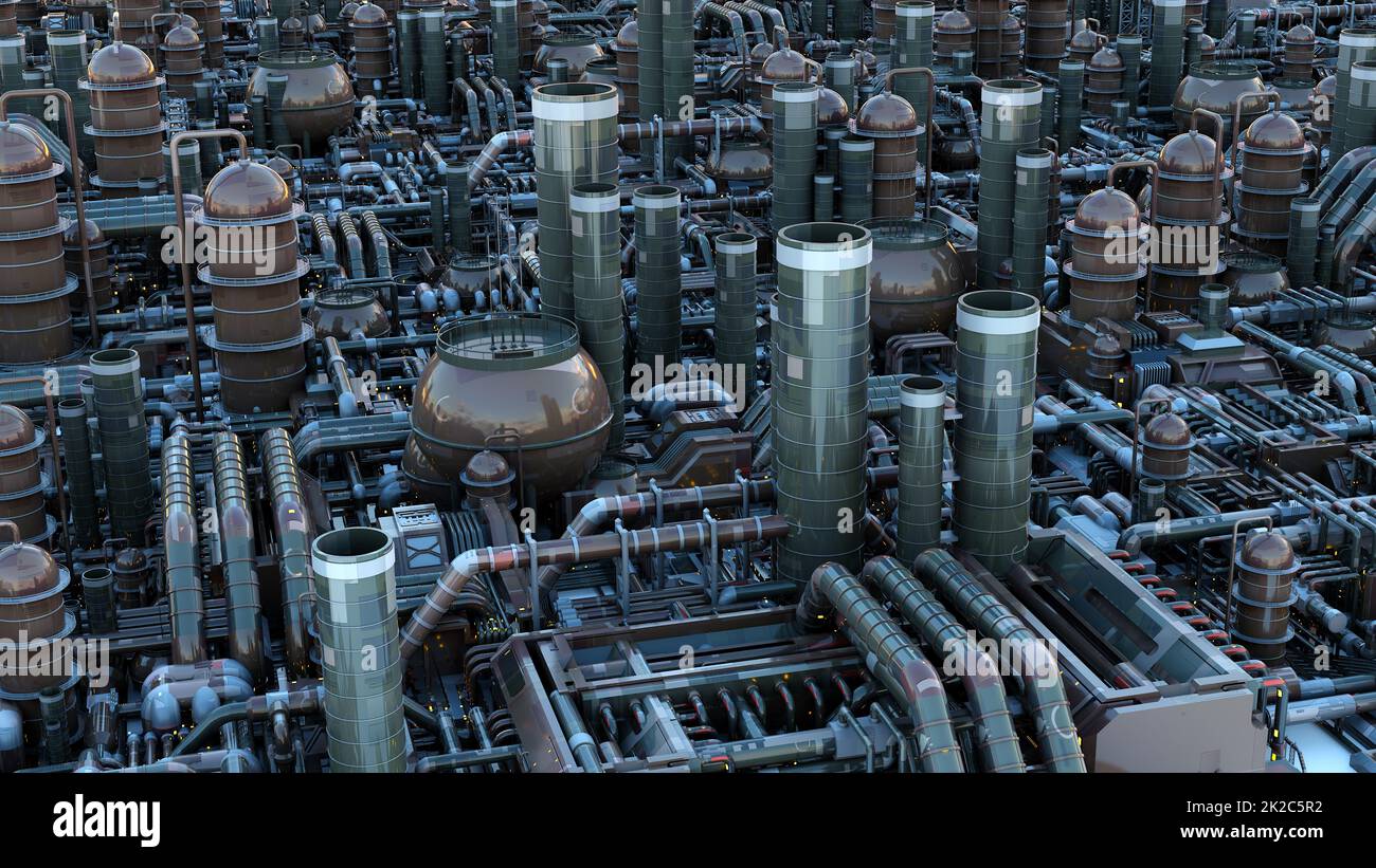 Science fiction ville futuriste métal bâtiments étranger planète 3D illustration Banque D'Images