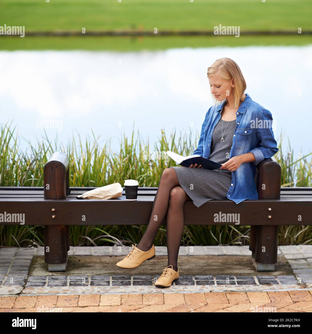 Profitez d'un moment de repos dans le parc. Photo d'une jolie femme blonde lisant un livre pendant sa pause déjeuner sur un banc de parc. Banque D'Images