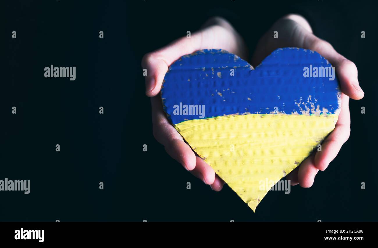 Drapeau cardiaque de l'Ukraine entre les mains humaines. Pas de guerre, la paix pour l'Ukraine concept. Banque D'Images