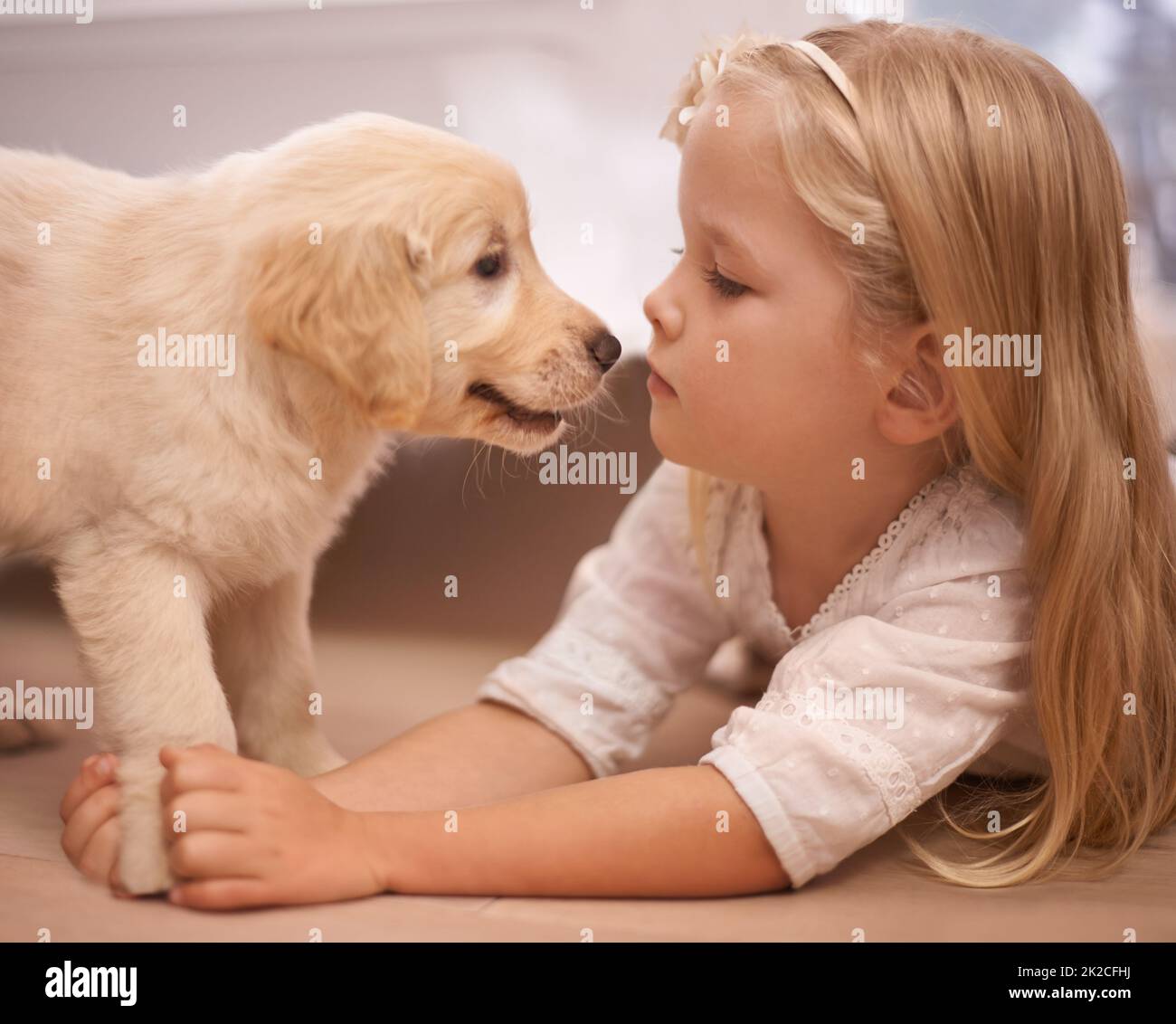 Le meilleur ami que vous pouvez obtenir. Une adorable petite fille avec son chiot à la maison. Banque D'Images