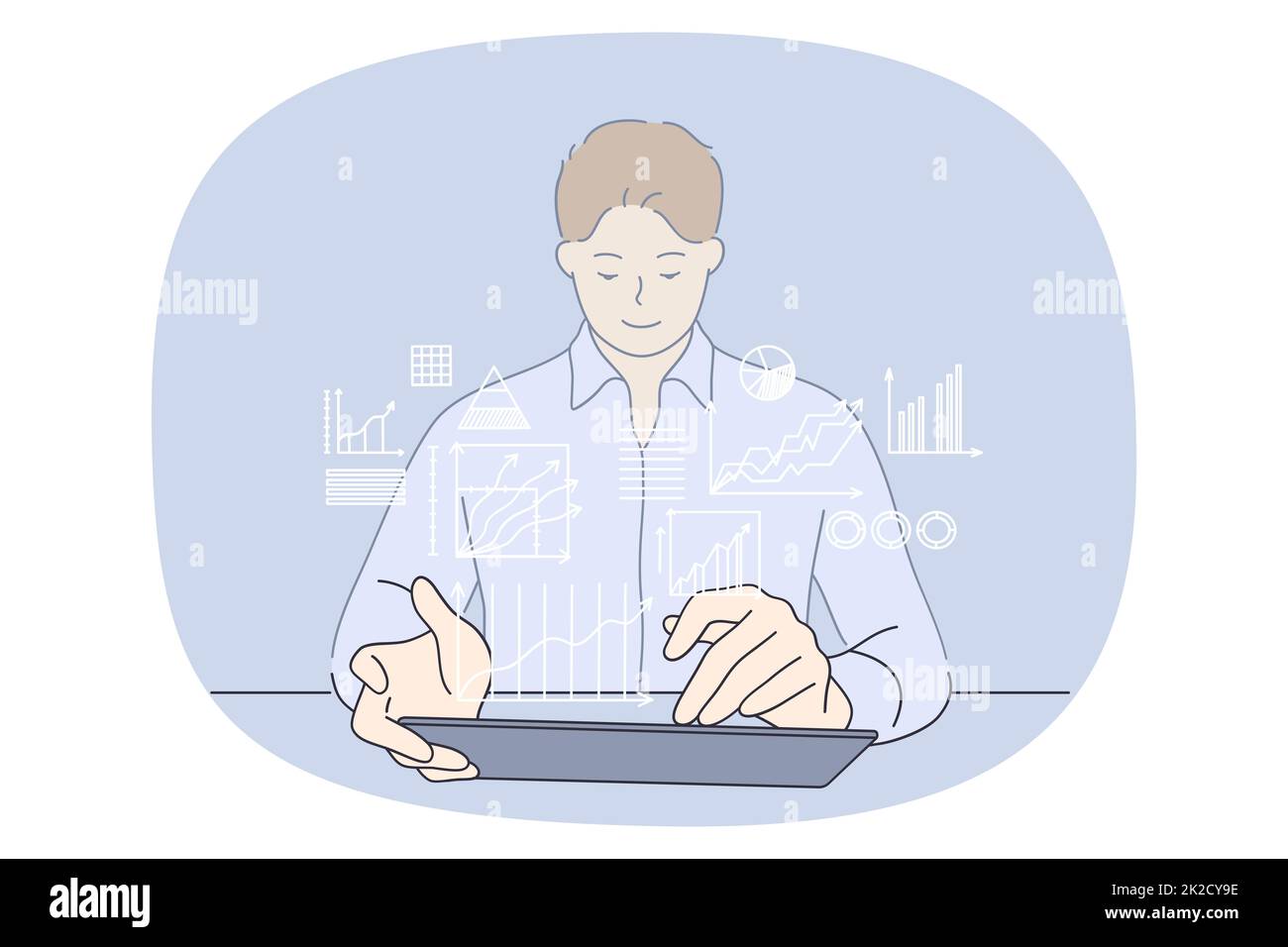 Homme d'affaires travaille sur tablette avec des graphiques financiers Banque D'Images