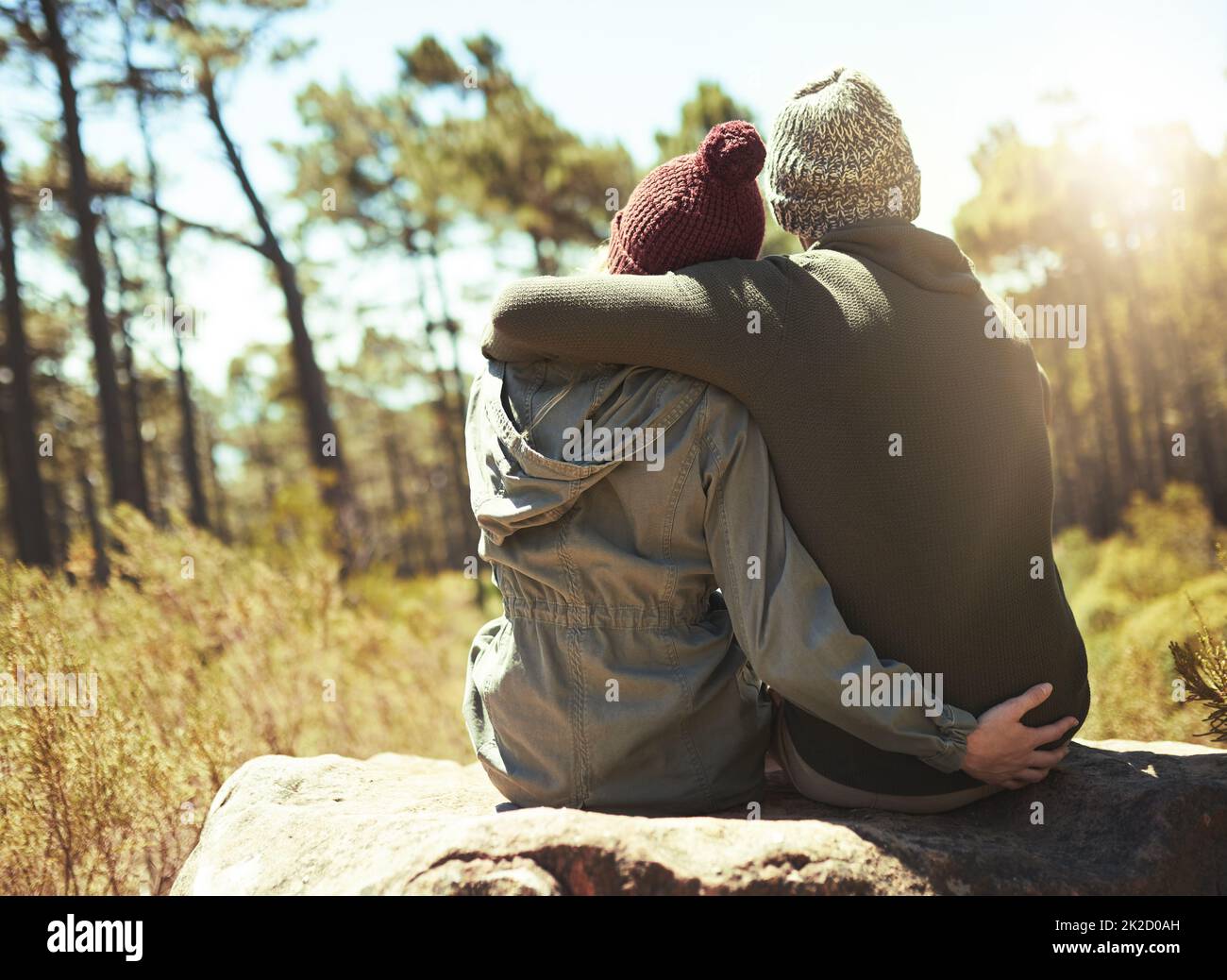 La nature est ce qui rend nos dates spéciales. Vue arrière d'un couple faisant une pause lors d'un voyage de randonnée. Banque D'Images