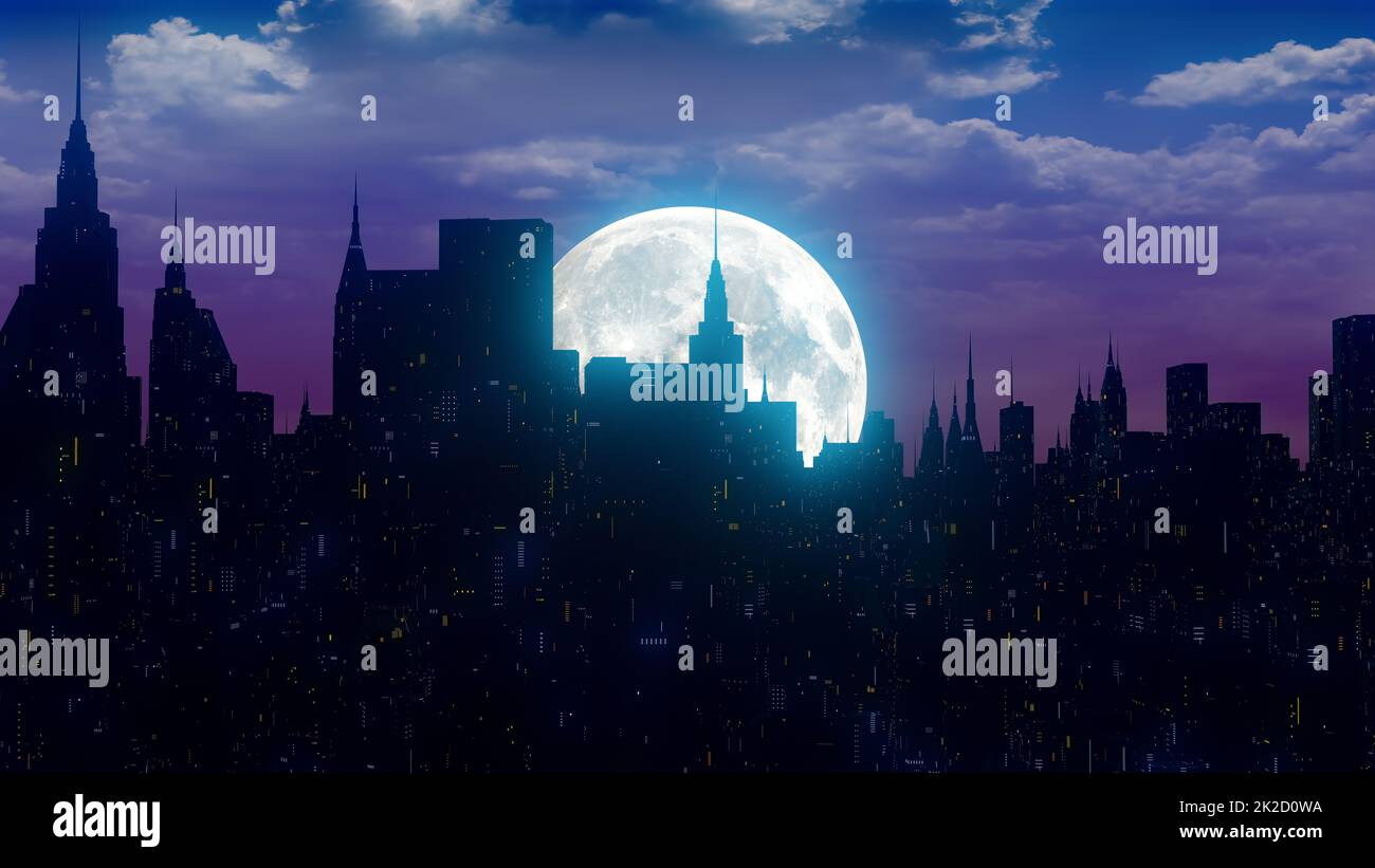 Ville de nuit pleine lune bâtiments silhouette nuages ciel paysage 3D illustration Banque D'Images