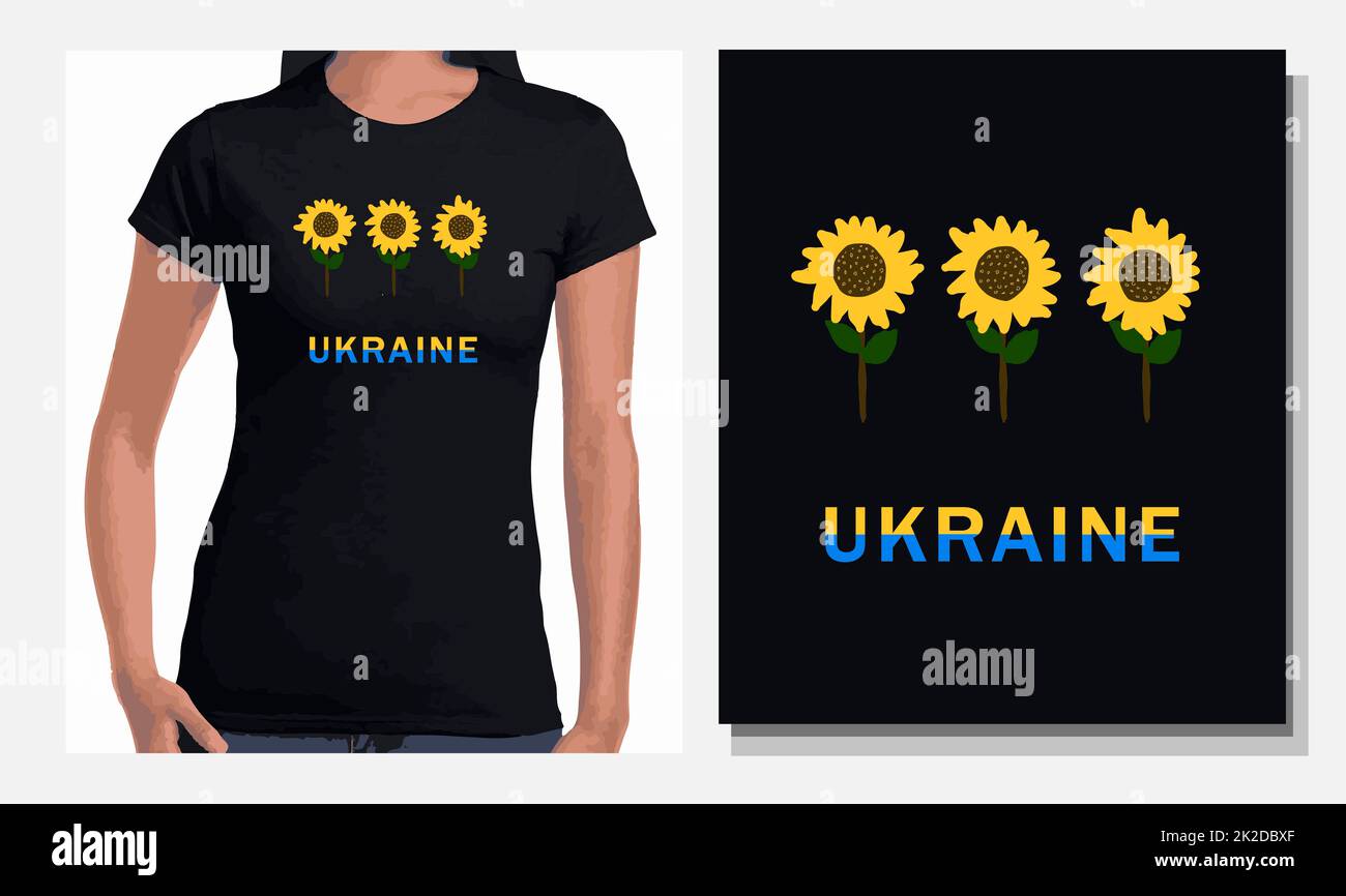 Logo pour la conception de vêtements.fleur ukrainienne. Tournesol. Imprimé pour un t-shirt. Soutien à l'Ukraine. Illustration vectorielle d'un tournesol sur fond noir Banque D'Images