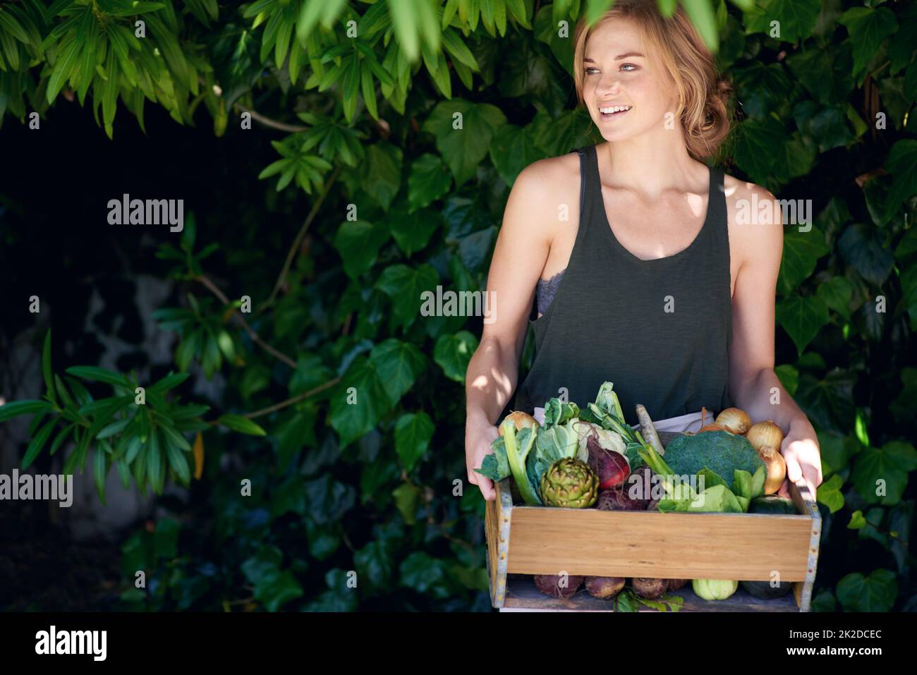 Manger mieux, se sentir mieux. Une jeune femme tenant une caisse de légumes à l'extérieur. Banque D'Images