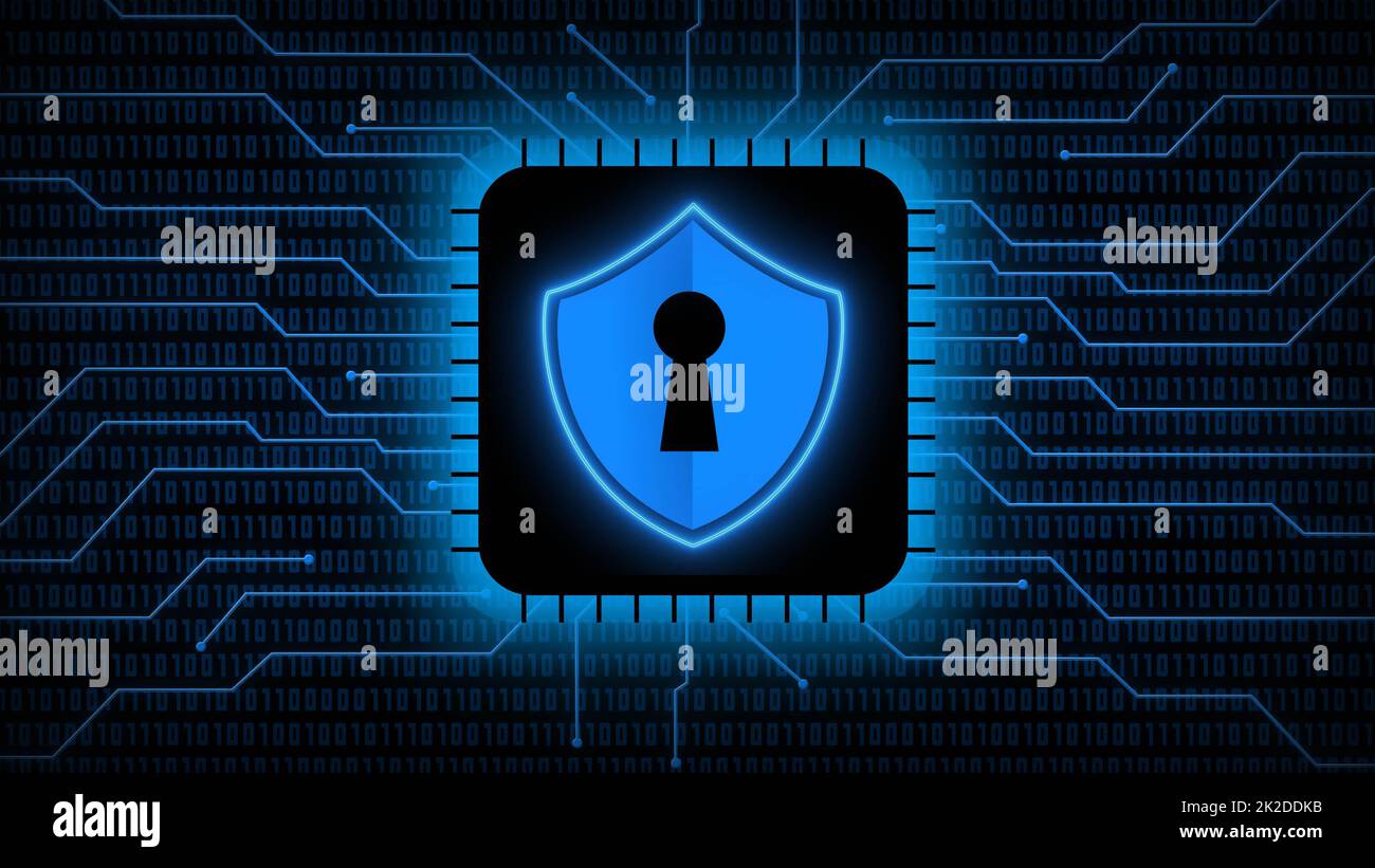 Logo protecteur sur capteur de puce - arrière-plan abstrait en vert de code binaire flou derrière les lignes de connexion d'informations Banque D'Images