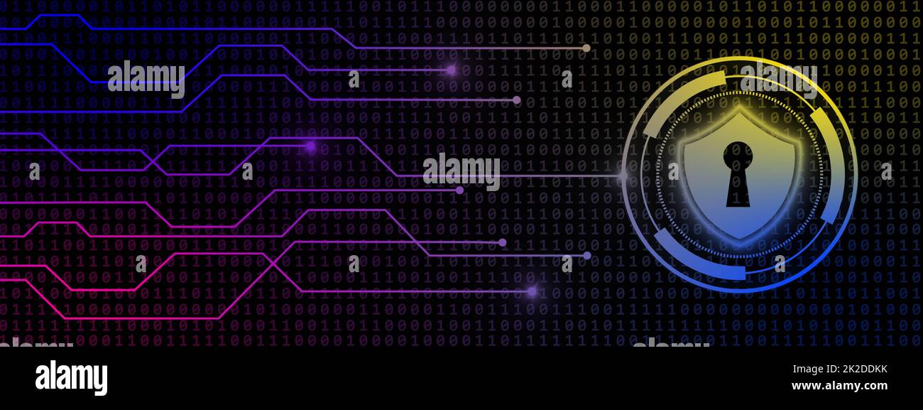 Protection Shield - symbole sur le bouton avec des lignes de connexion d'informations sur le fond de code binaire - technologie et concept d'automatisation Banque D'Images