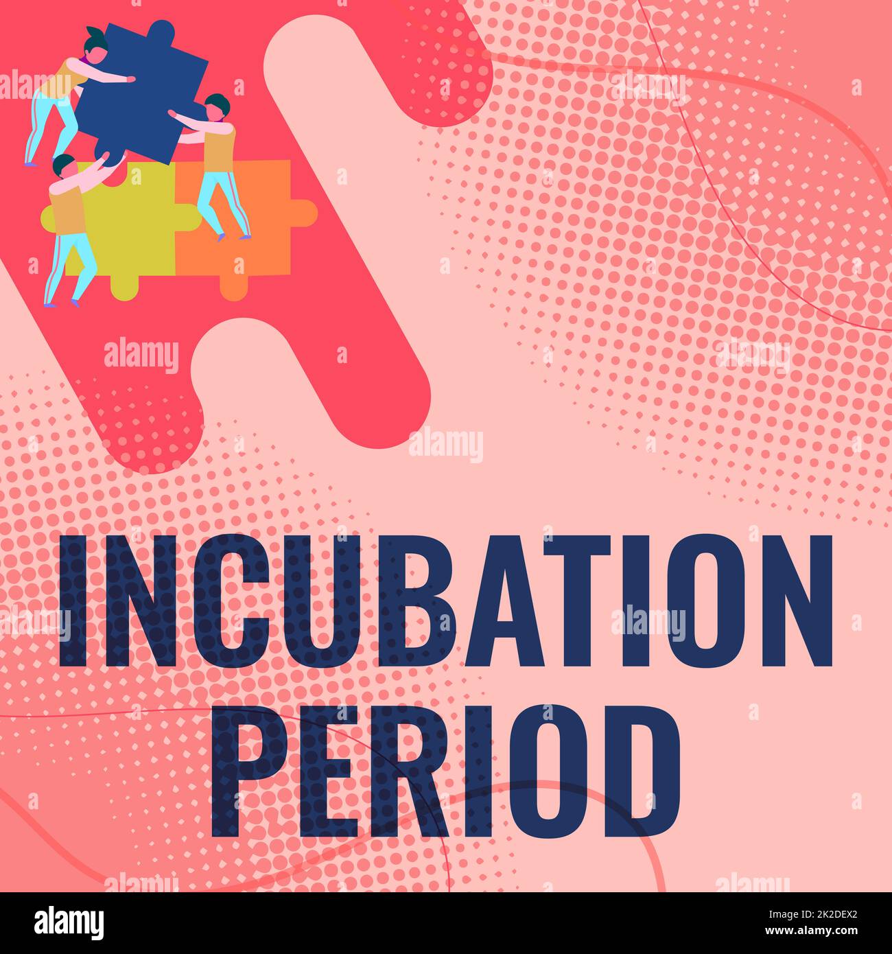 Signe d'écriture à la main période d'incubation. Le temps consacré aux idées commerciales s'est écoulé en partant de l'exposition à une équipe d'agents infectieux tenant des pièces Jigsaw pour s'aider les uns les autres à résoudre le problème. Banque D'Images