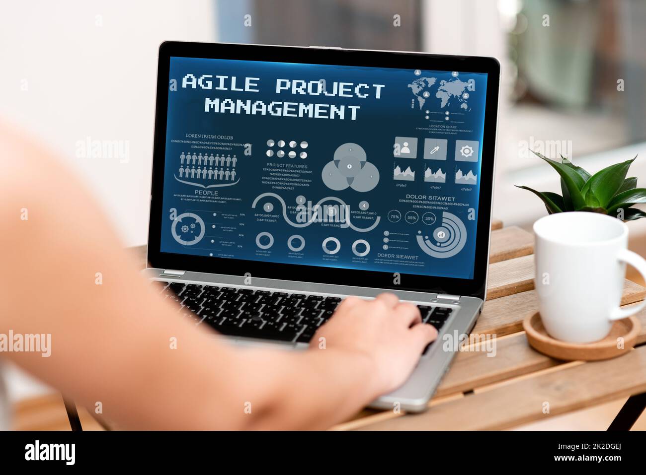 Texte montrant inspiration Agile Project Management. Méthodologie de gestion de concept d'affaires de la technologie traditionnelle à la technologie moderne dactylographiée à la main sur ordinateur portable à côté de Coffe Mug et usine de travail à domicile. Banque D'Images