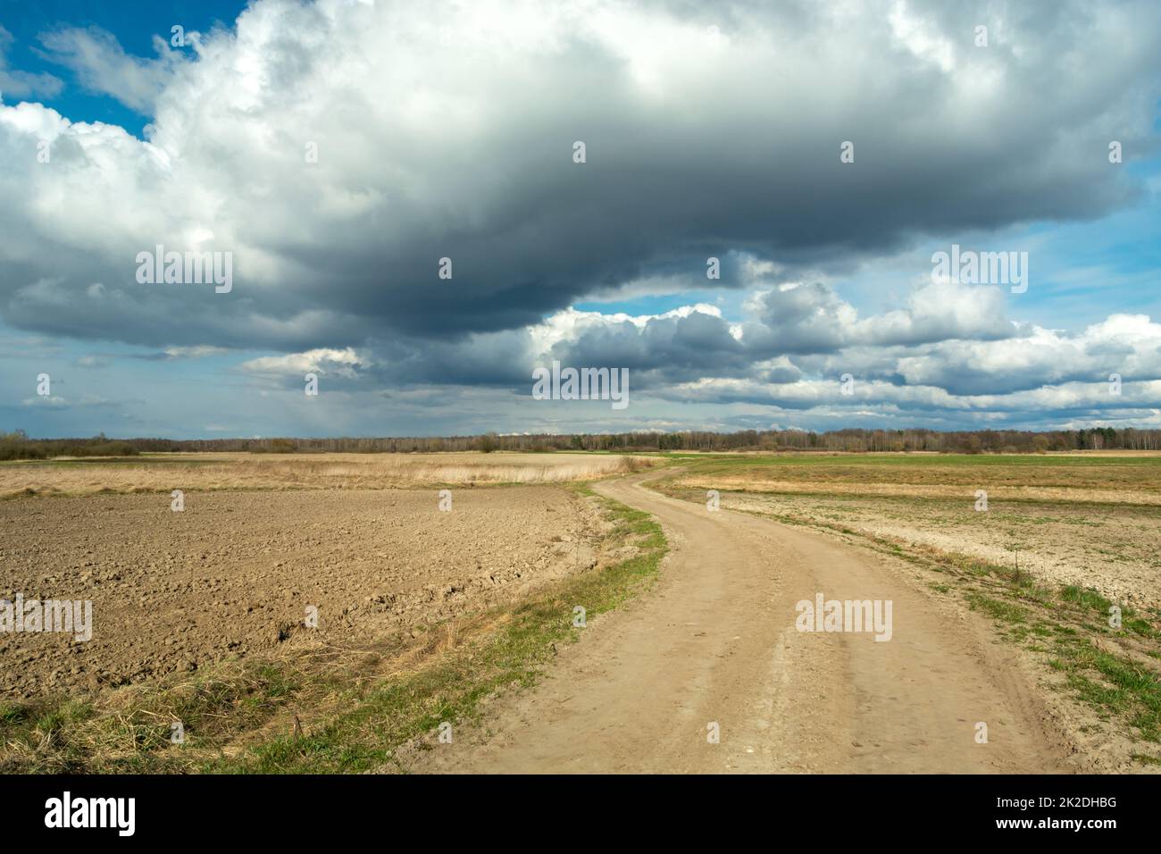 Une route de sable à travers les champs et les nuages sur le ciel Banque D'Images