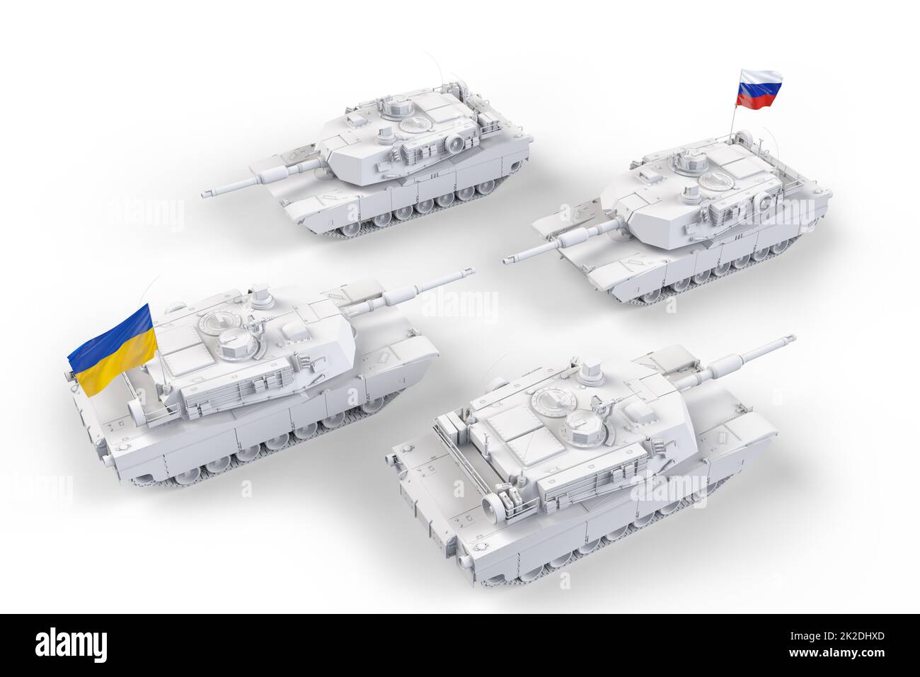 Tanks russes contre Ukrainien. Conflit d'agression militaire. 3D rendu Banque D'Images